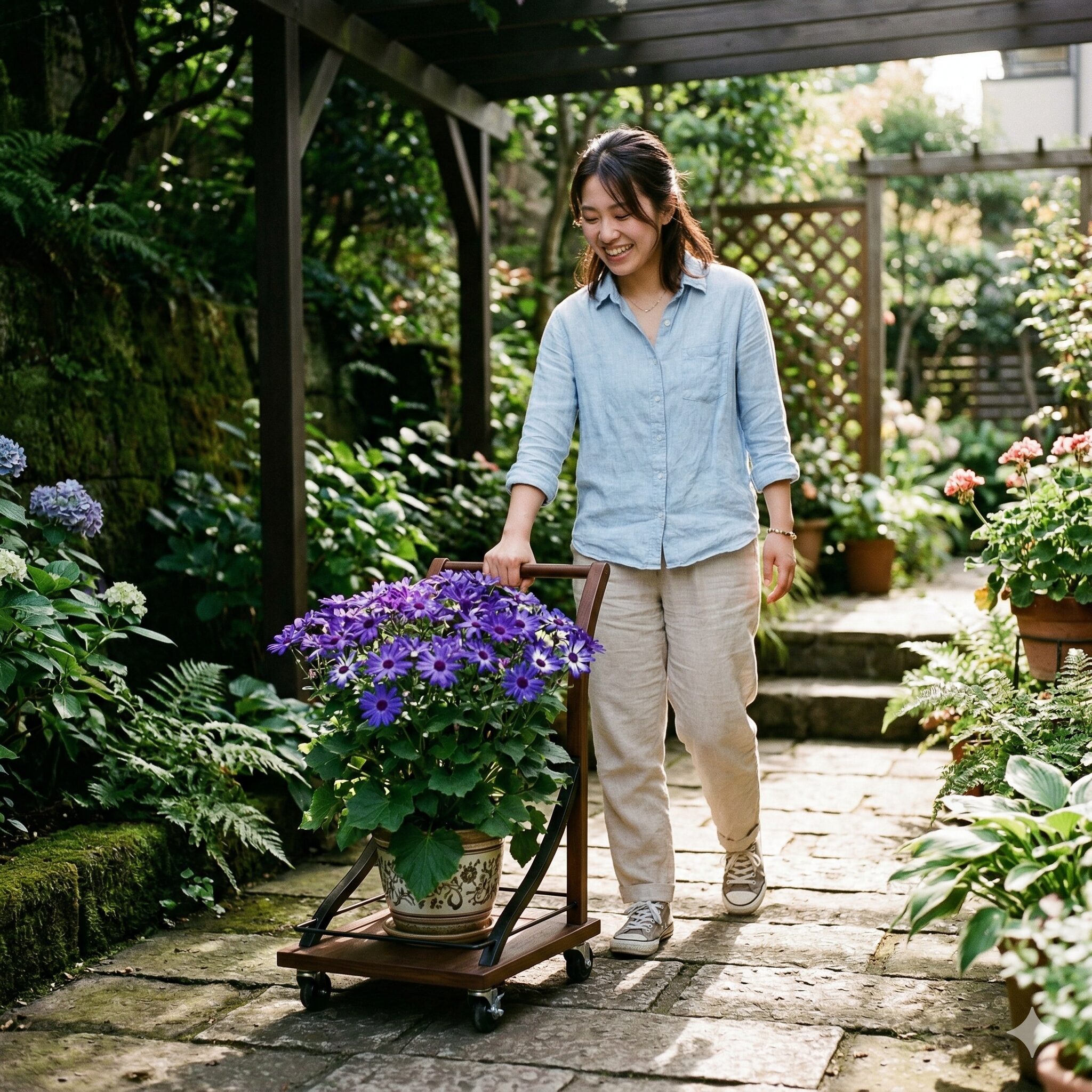 セネッティ 日陰10 キャスター付き台車を利用してセネッティをシャトル栽培で移動させる様子