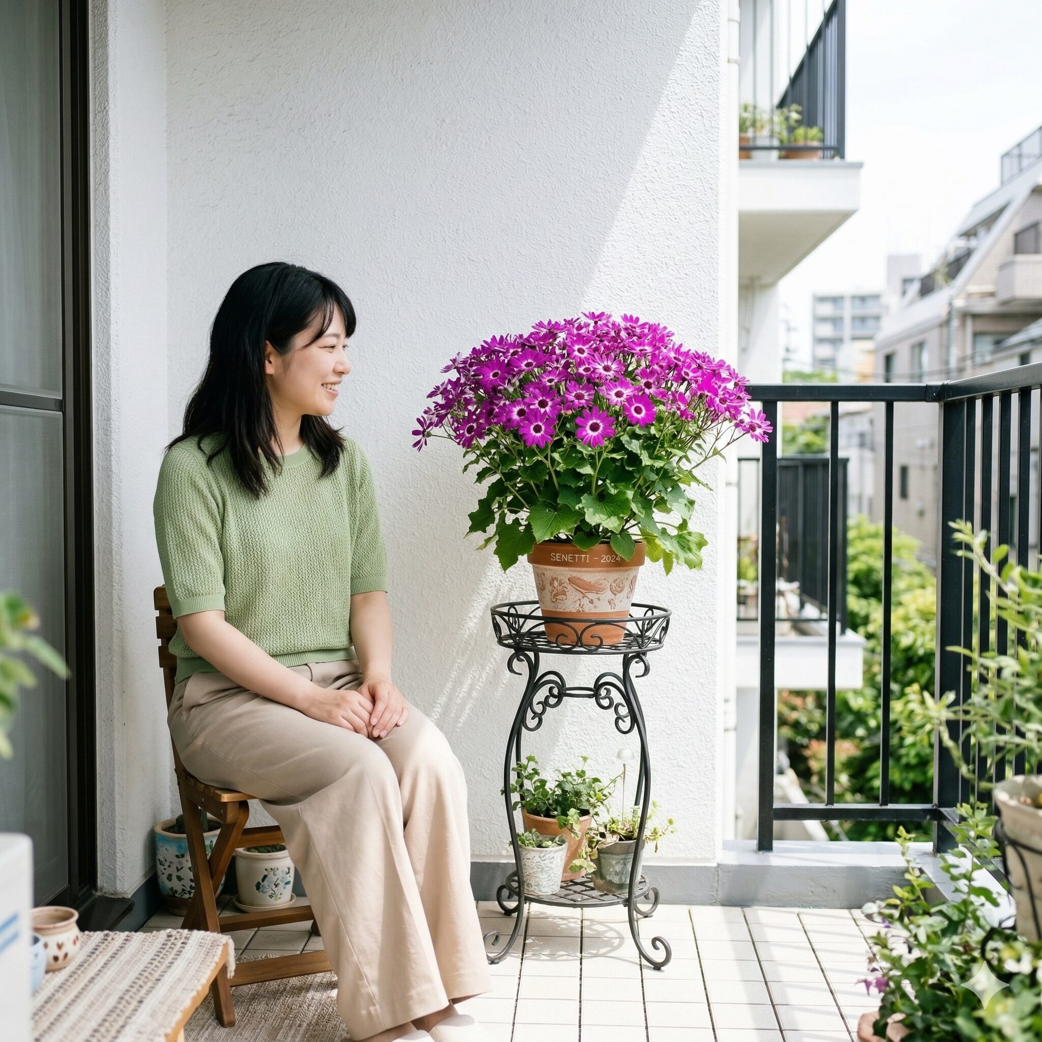 セネッティ 日陰2 フラワースタンドを活用して日陰のベランダで光量を確保するセネッティの配置例