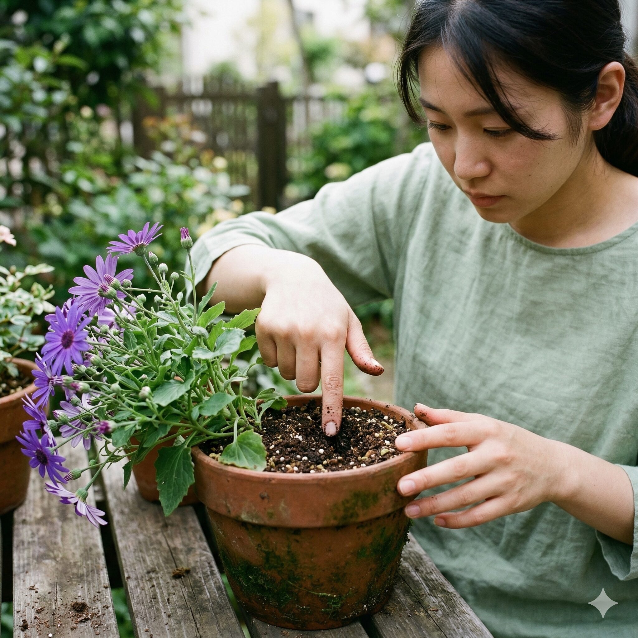 セネッティ 日陰3 セネッティの根腐れを防ぐために指で土の湿り気を確認する様子