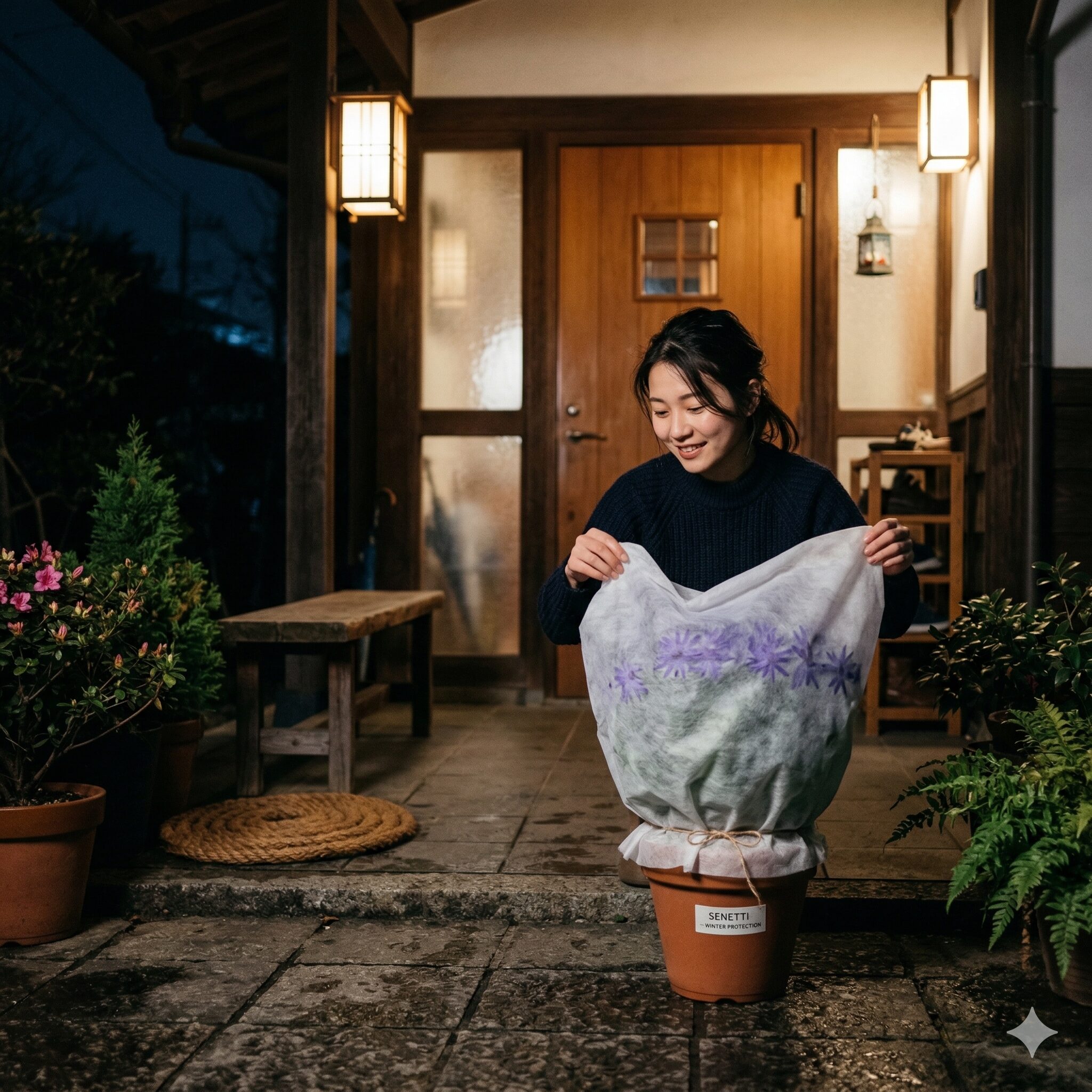 セネッティ 日陰4 夜間の冷え込み対策として、不織布の霜除けシートで優しく包まれたセネッティの鉢。日陰の玄関ポーチで、冬の寒さから守られている安心感のある実用的な写真。