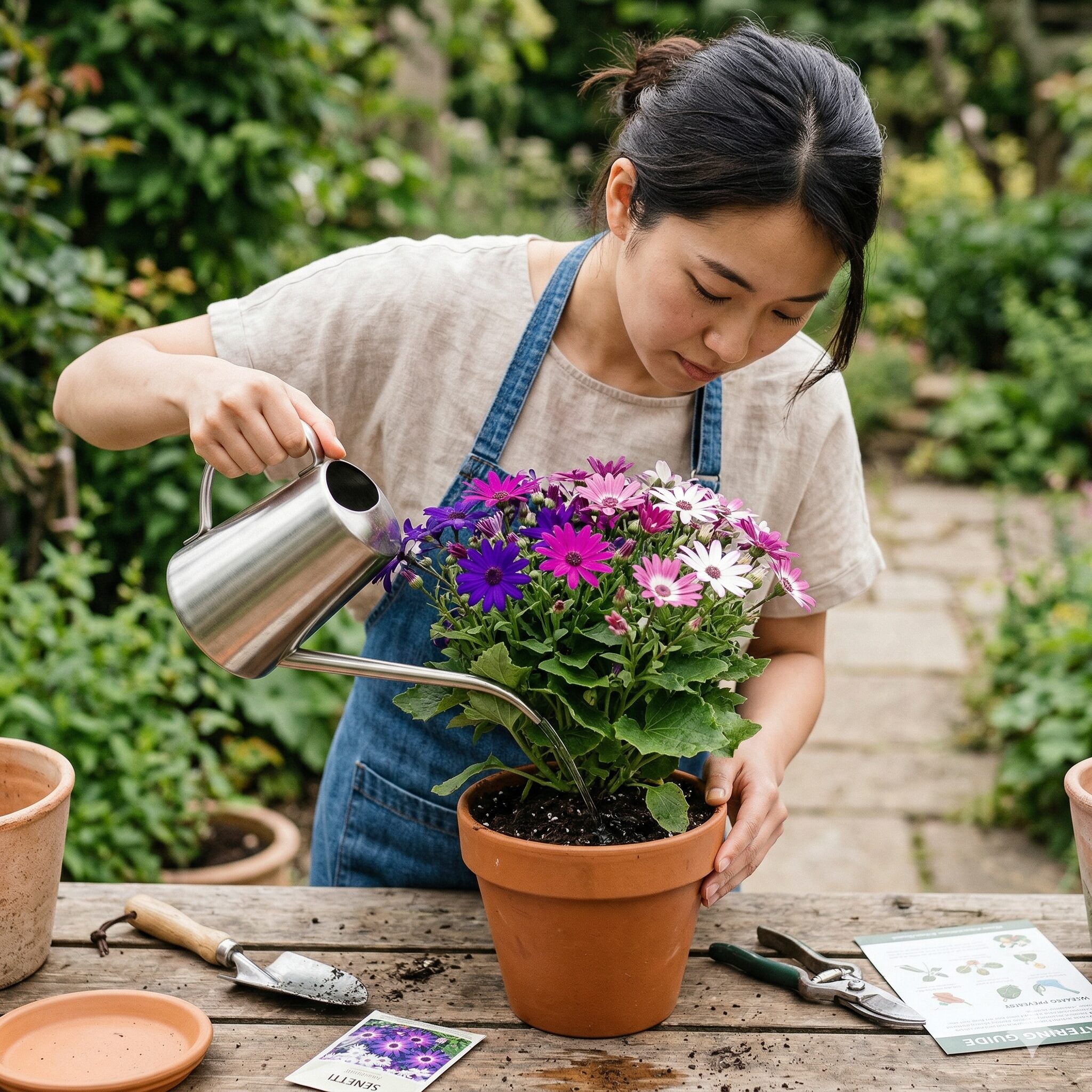 セネッティ 日陰5 灰色かび病予防のためセネッティの株元に優しく水やりをする様子