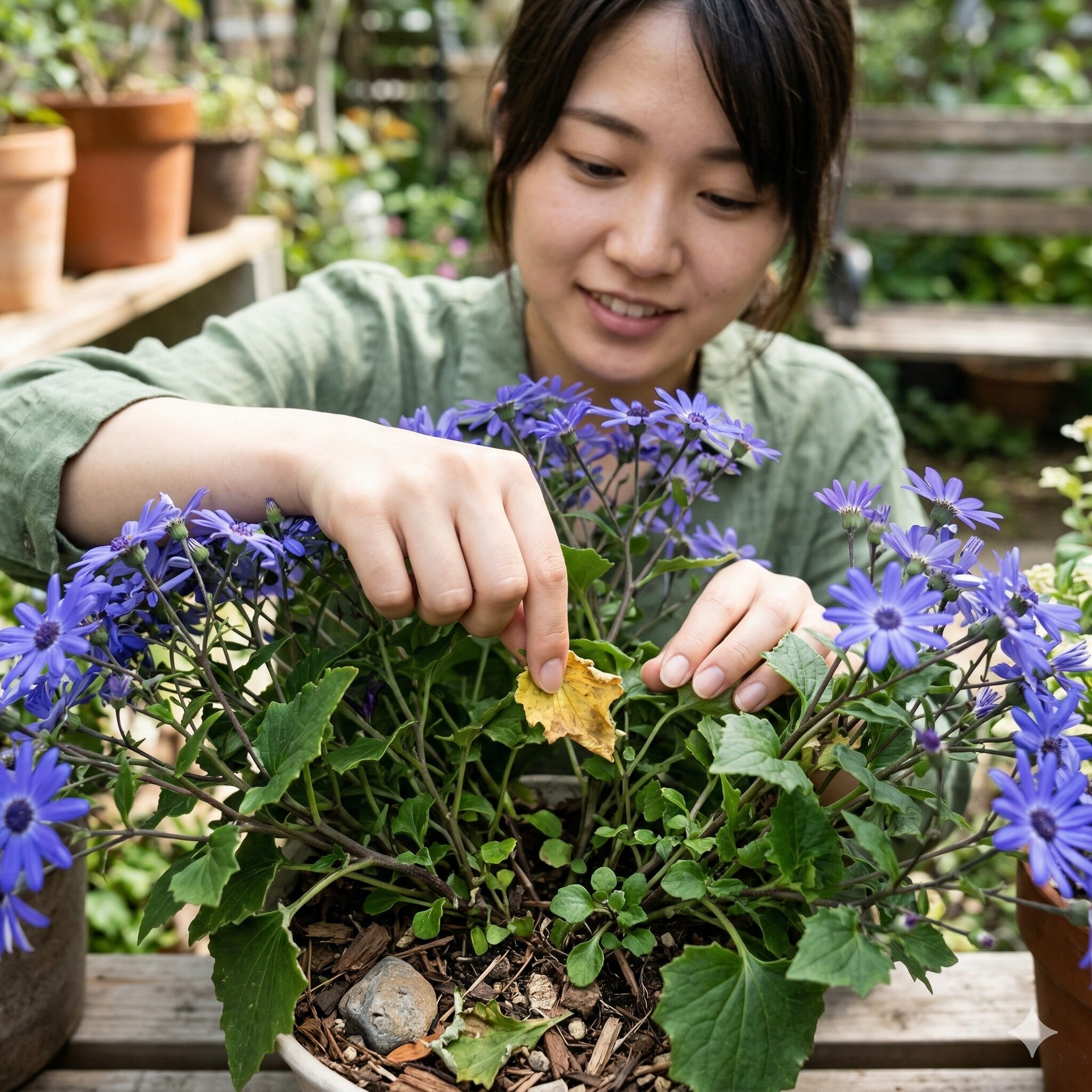 セネッティ 日陰8 蒸れとうどんこ病を防ぐためにセネッティの古い下葉を間引く作業