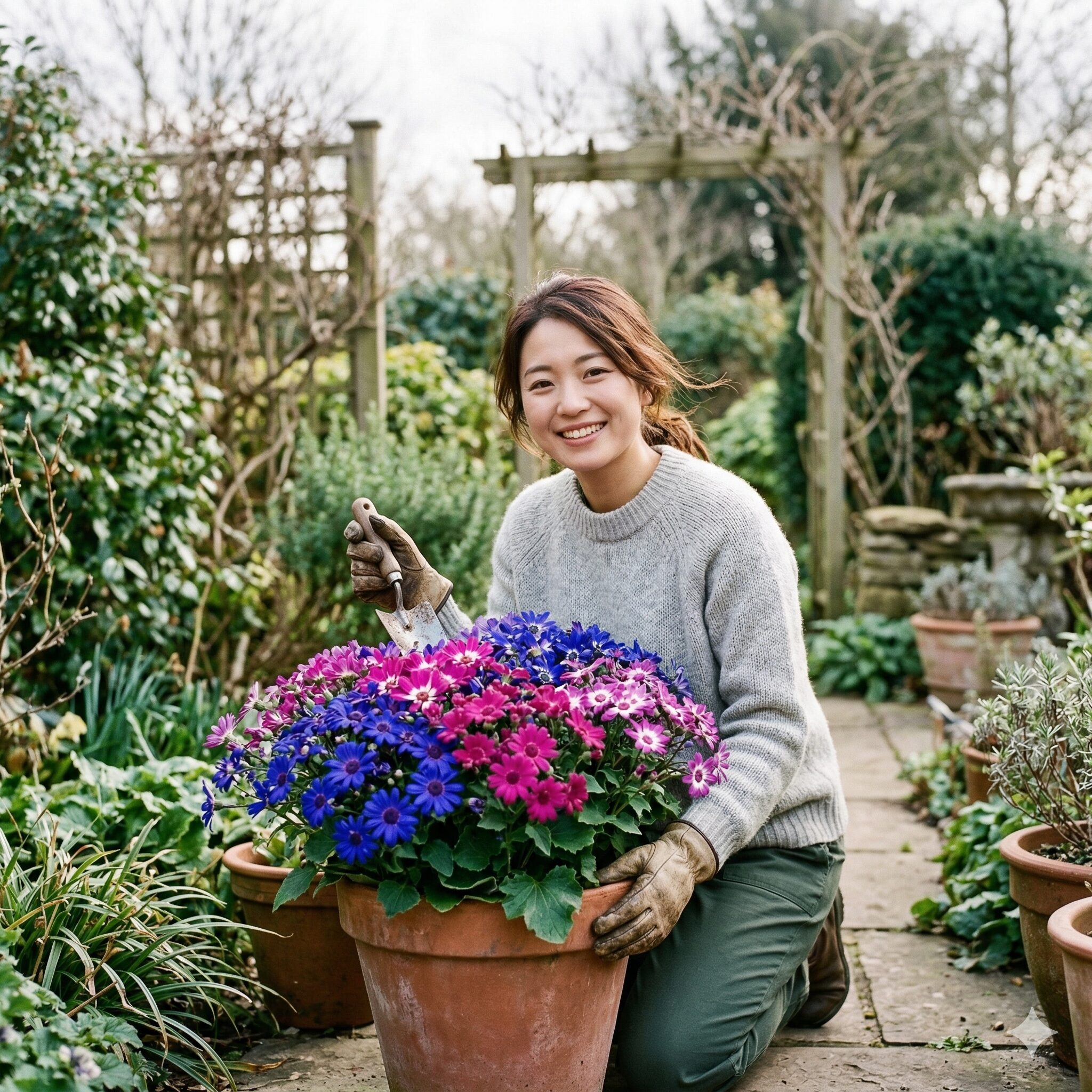 セネッティ 枯れた1　冬の庭で鮮やかに満開に咲き誇るブルーとピンクのセネッティの鉢植え
