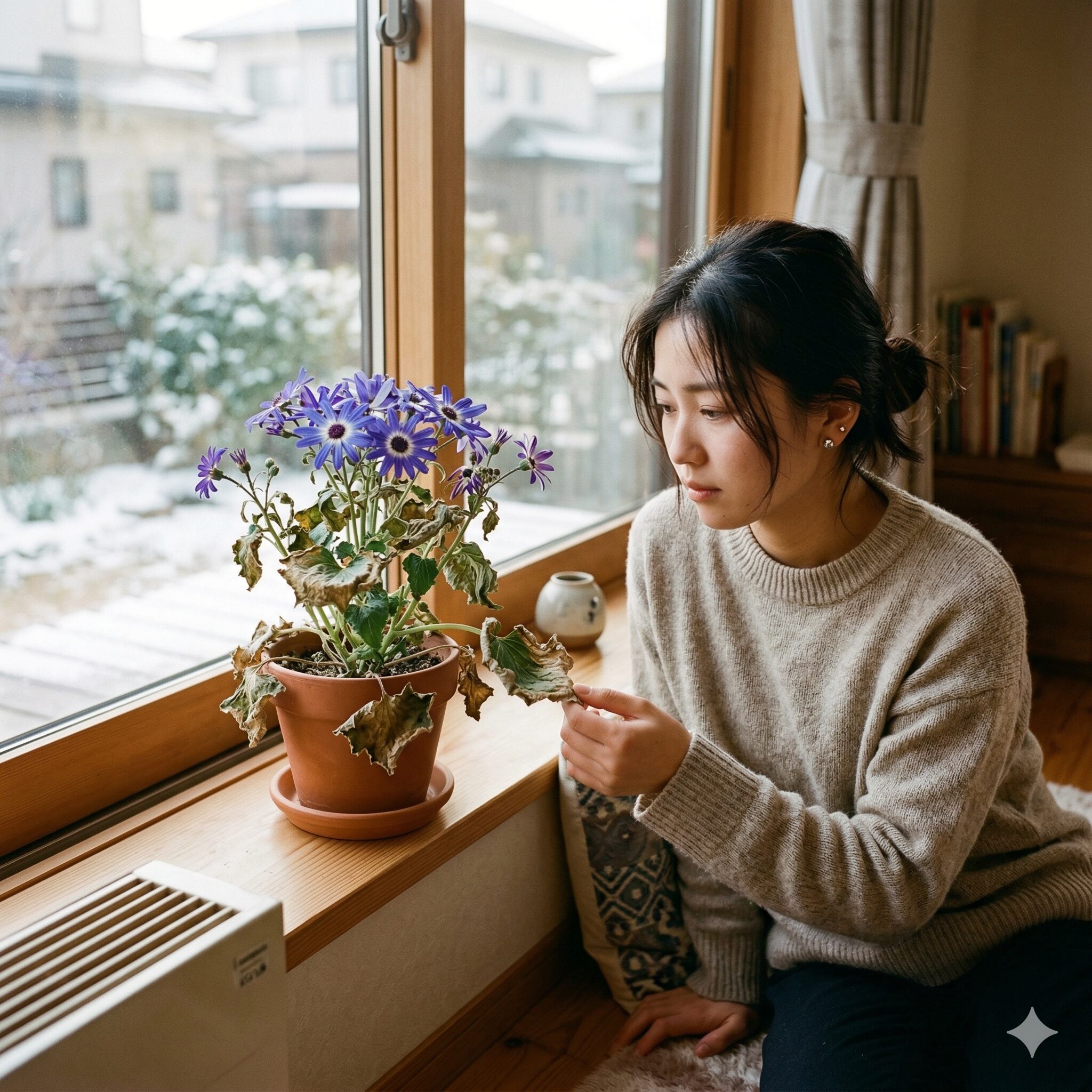 セネッティ 枯れた2 暖房の温風による乾燥で葉がカサカサに枯れ始めたセネッティの室内管理