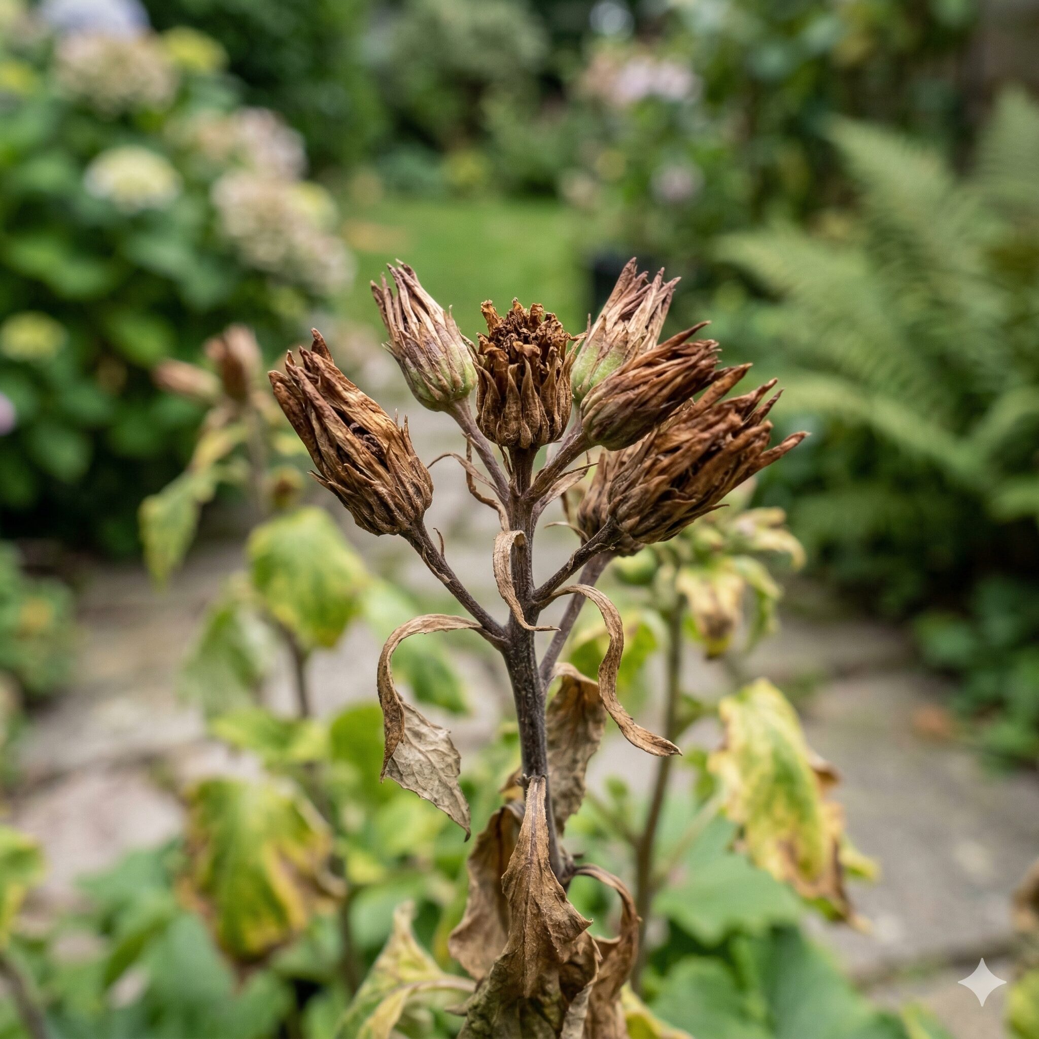 セネッティ 枯れた3 激しい水切れが原因で、蕾が茶色く変色して開かずに枯れてしまったセネッティのアップ