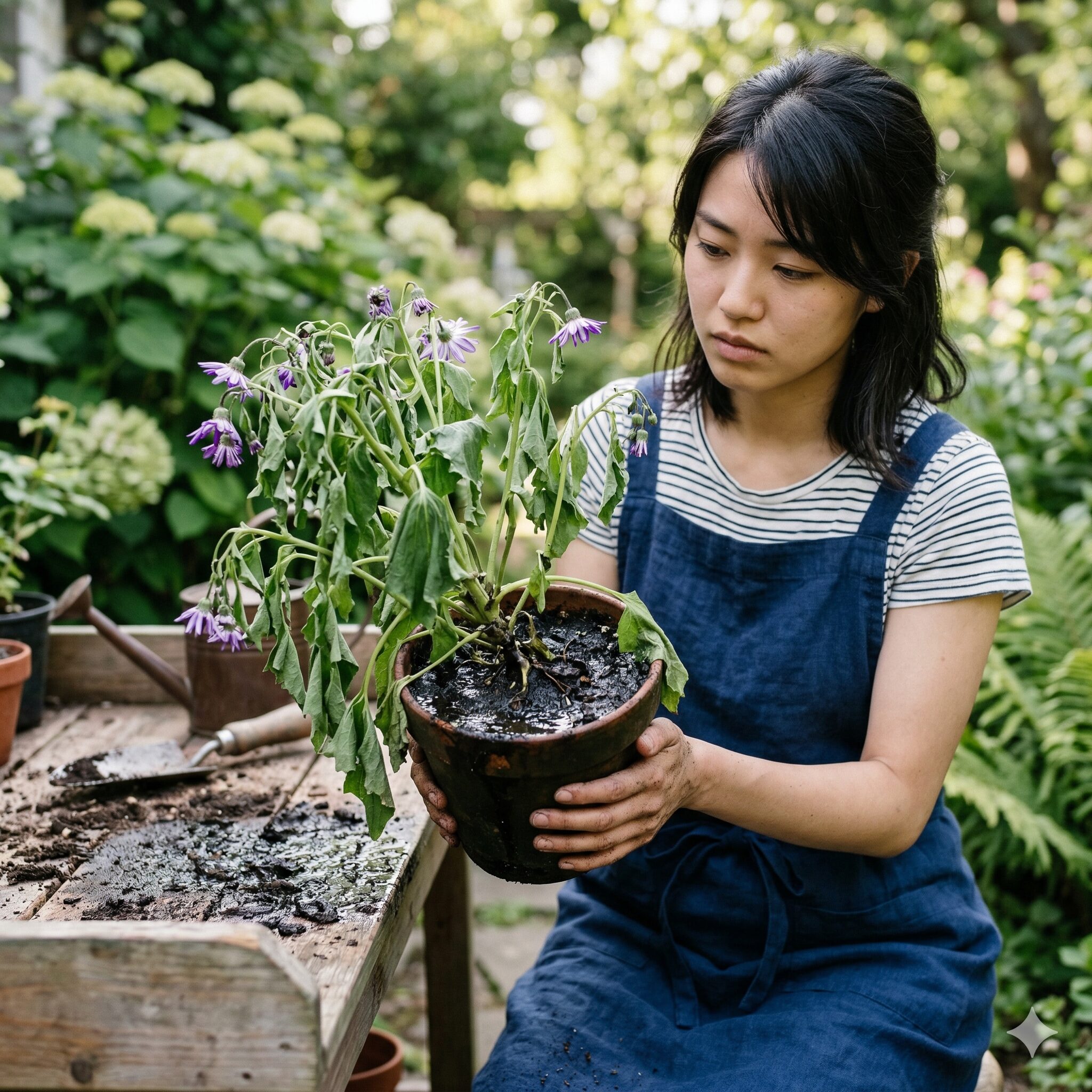 セネッティ 枯れた4 土が濡れているにもかかわらず根腐れによって全体がぐったりと萎れたセネッティ