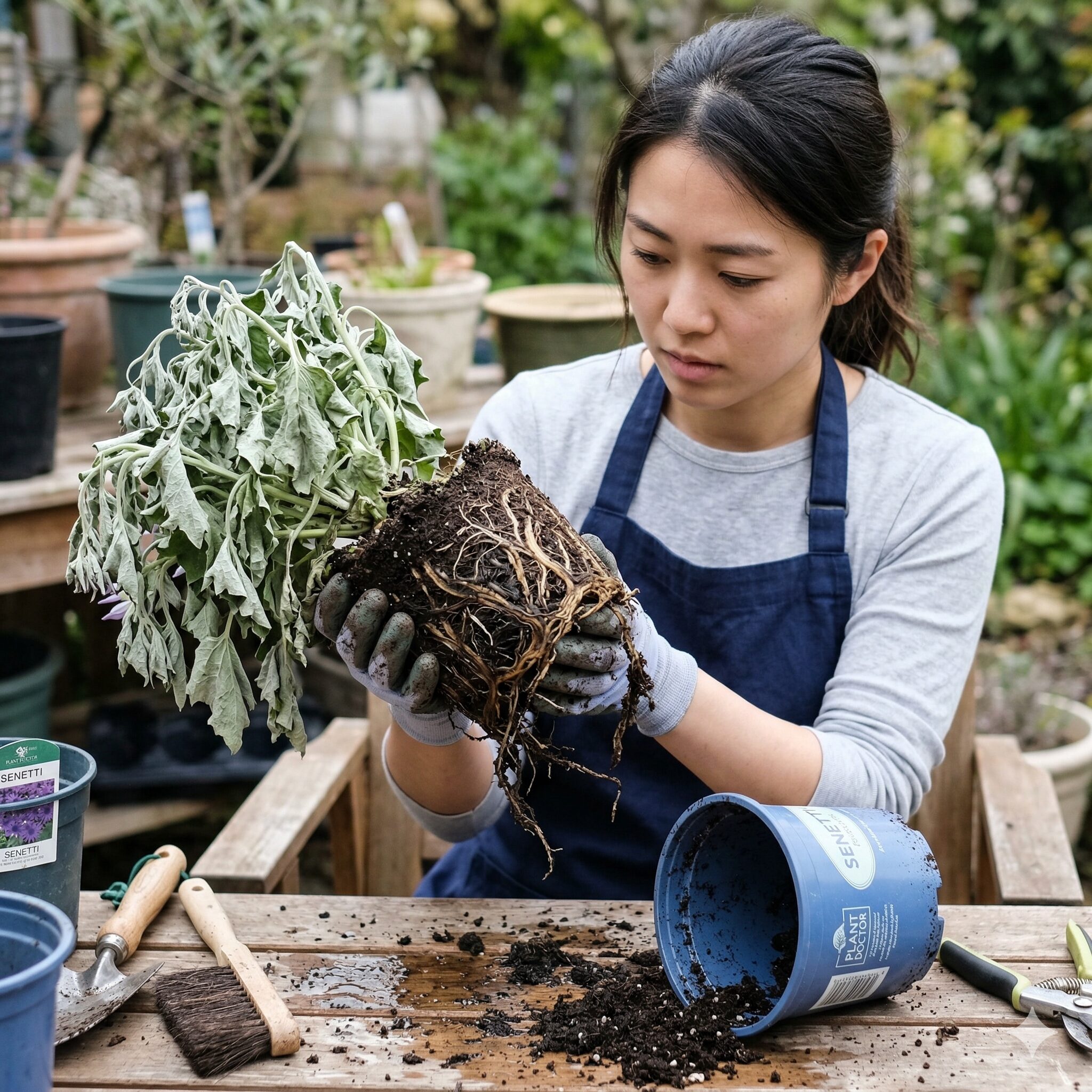 セネッティ 枯れた5 鉢から抜いたセネッティの根が根腐れによって黒く変色し腐敗している様子