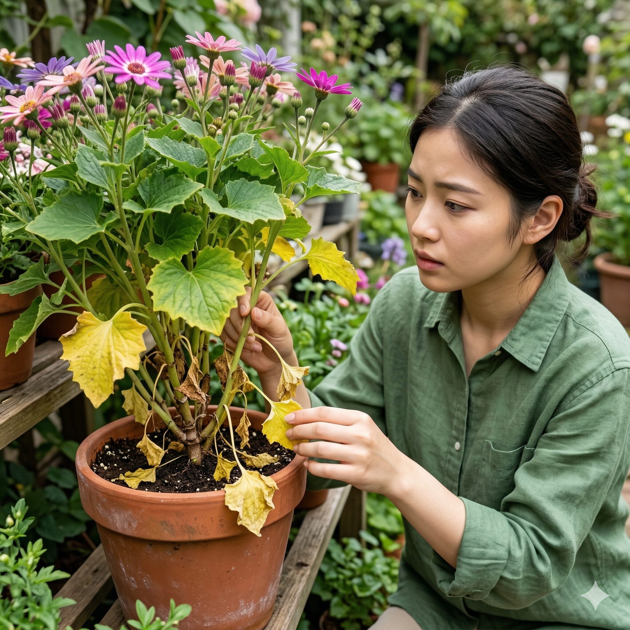 セネッティ 枯れた6 肥料不足が原因で株元の古い下葉が黄色く変色し枯れ上がってきたセネッティ