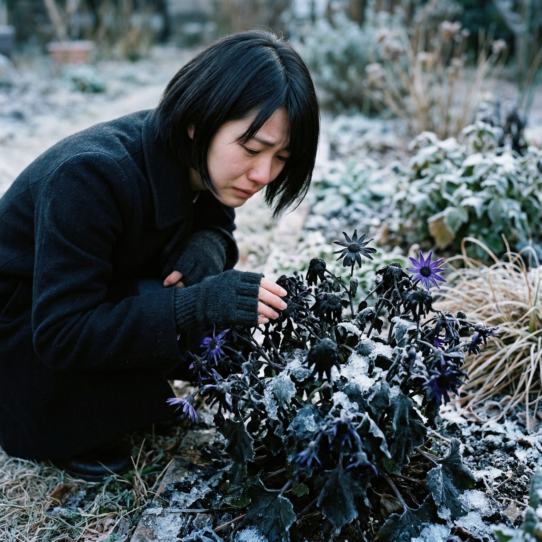 セネッティ 枯れた7 強い霜に当たって細胞が破壊され黒くドロドロに溶けたようになったセネッティの花