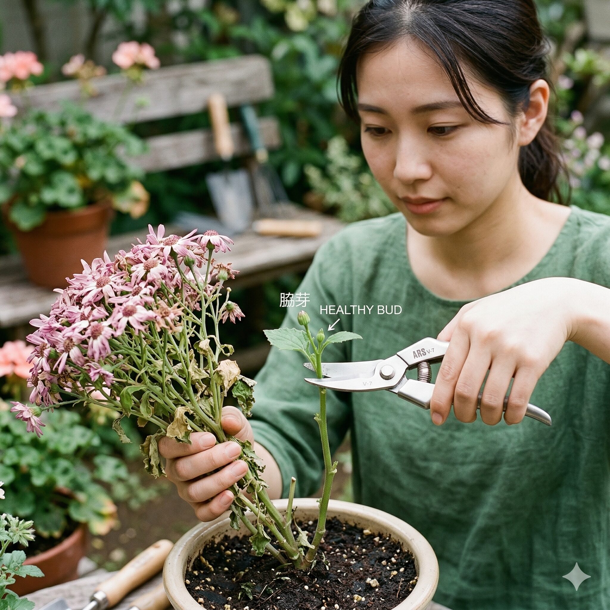 セネッティ 枯れた8 セネッティの切り戻しで新しい芽が出ている節の少し上をハサミでカットする様子