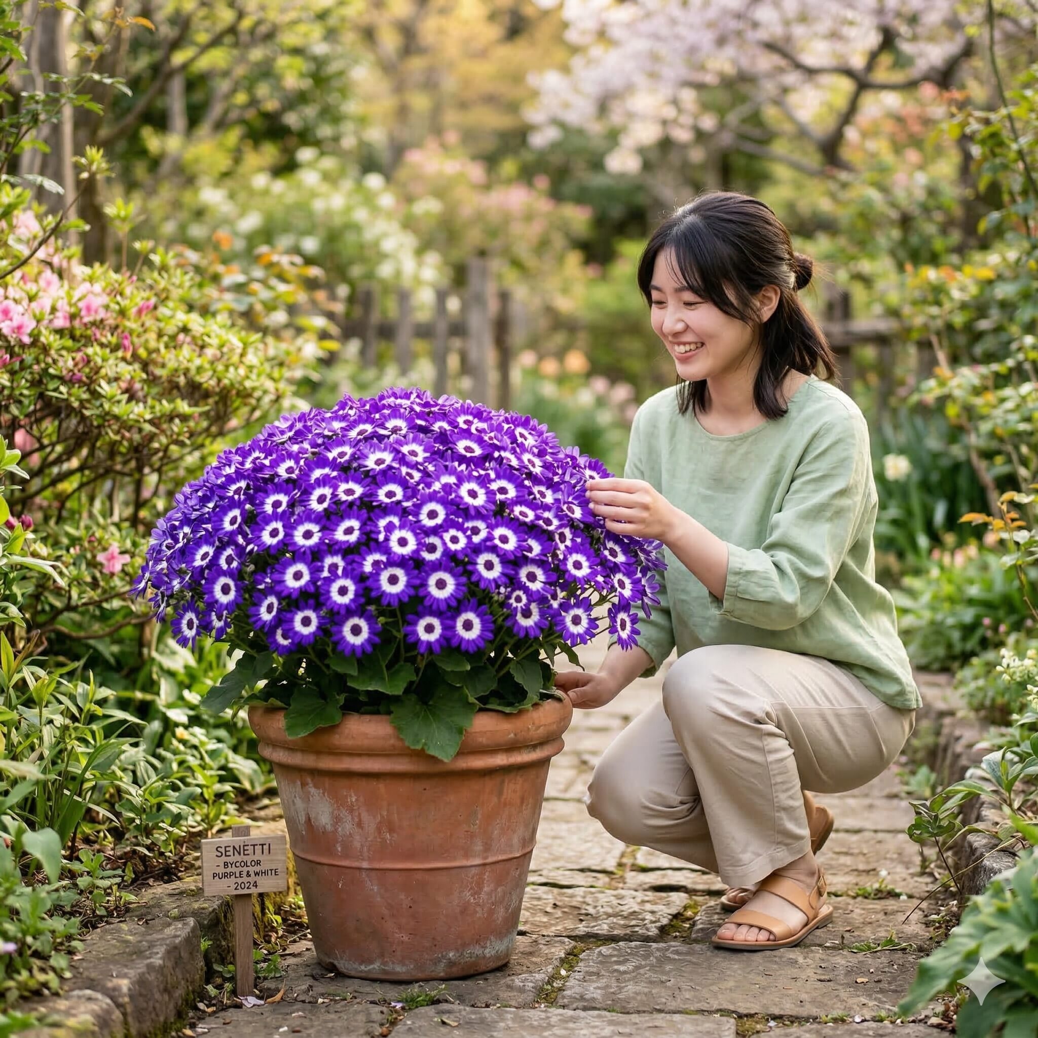 セネッティ 開花 時期1　春の庭でドーム状に満開となった紫と白のセネッティの鉢植え