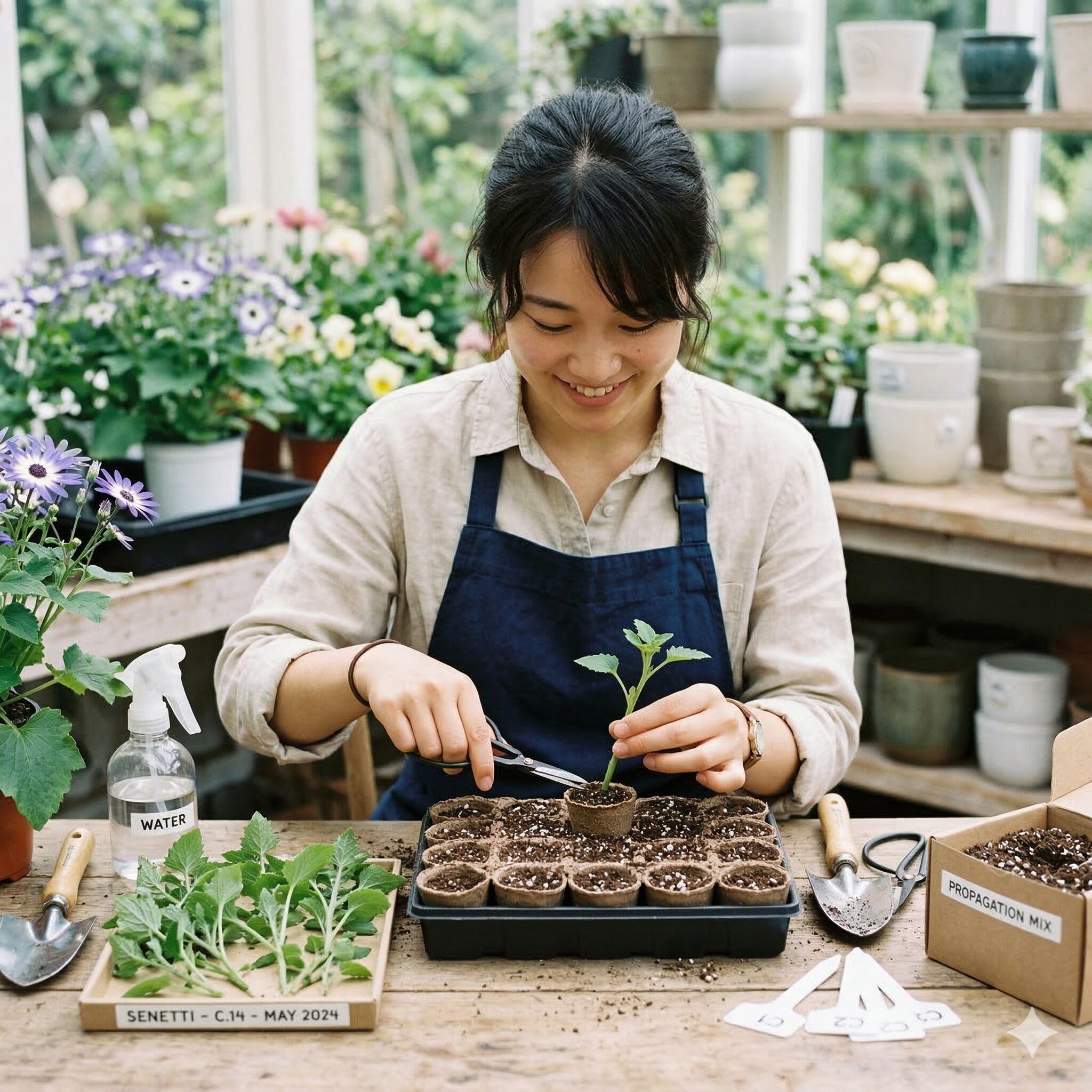セネッティ 開花 時期10　葉を切り詰め蒸散対策を施したセネッティの挿し芽作業
