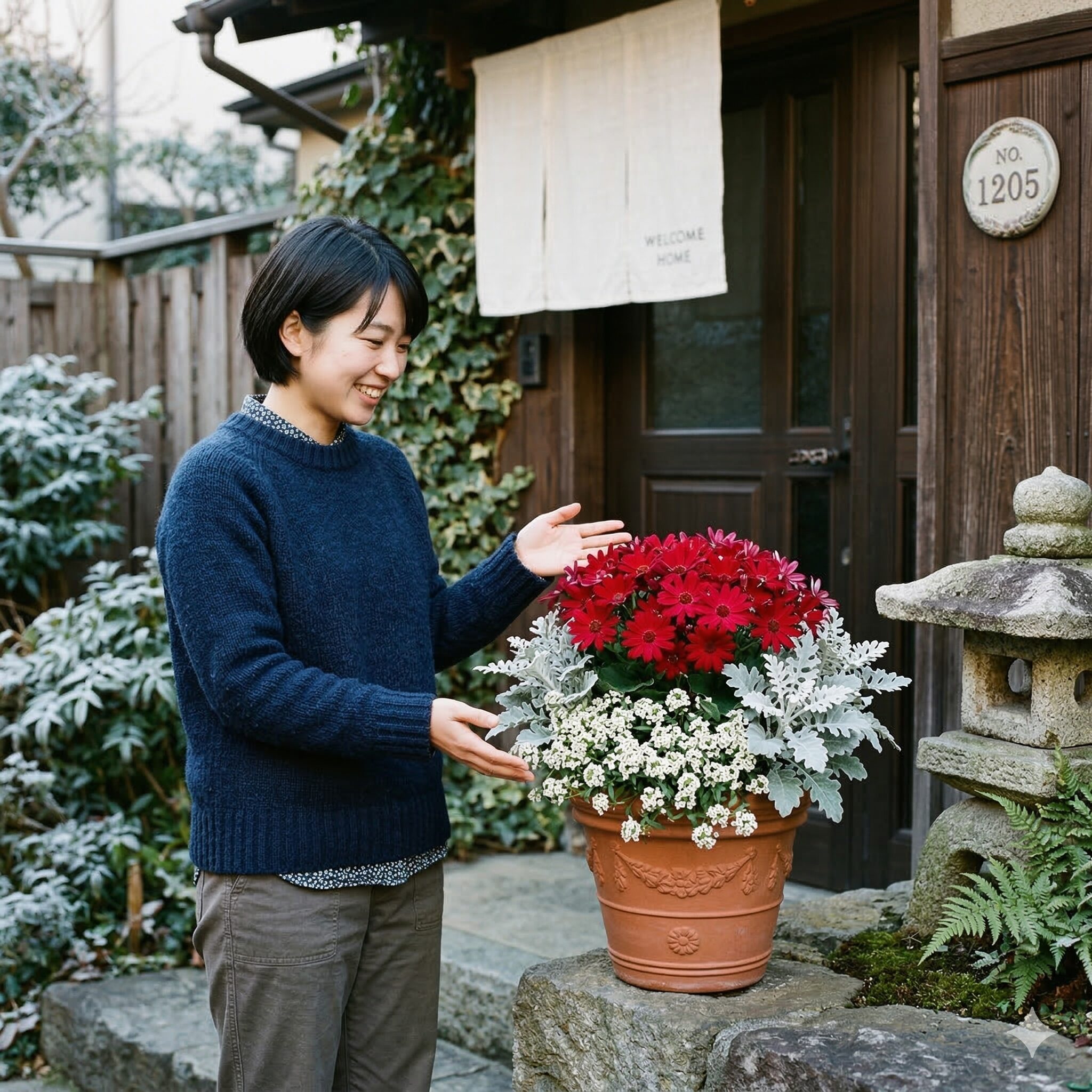 セネッティ 開花 時期3　赤いセネッティと白いアリッサム、シロタエギクの冬の寄せ植え