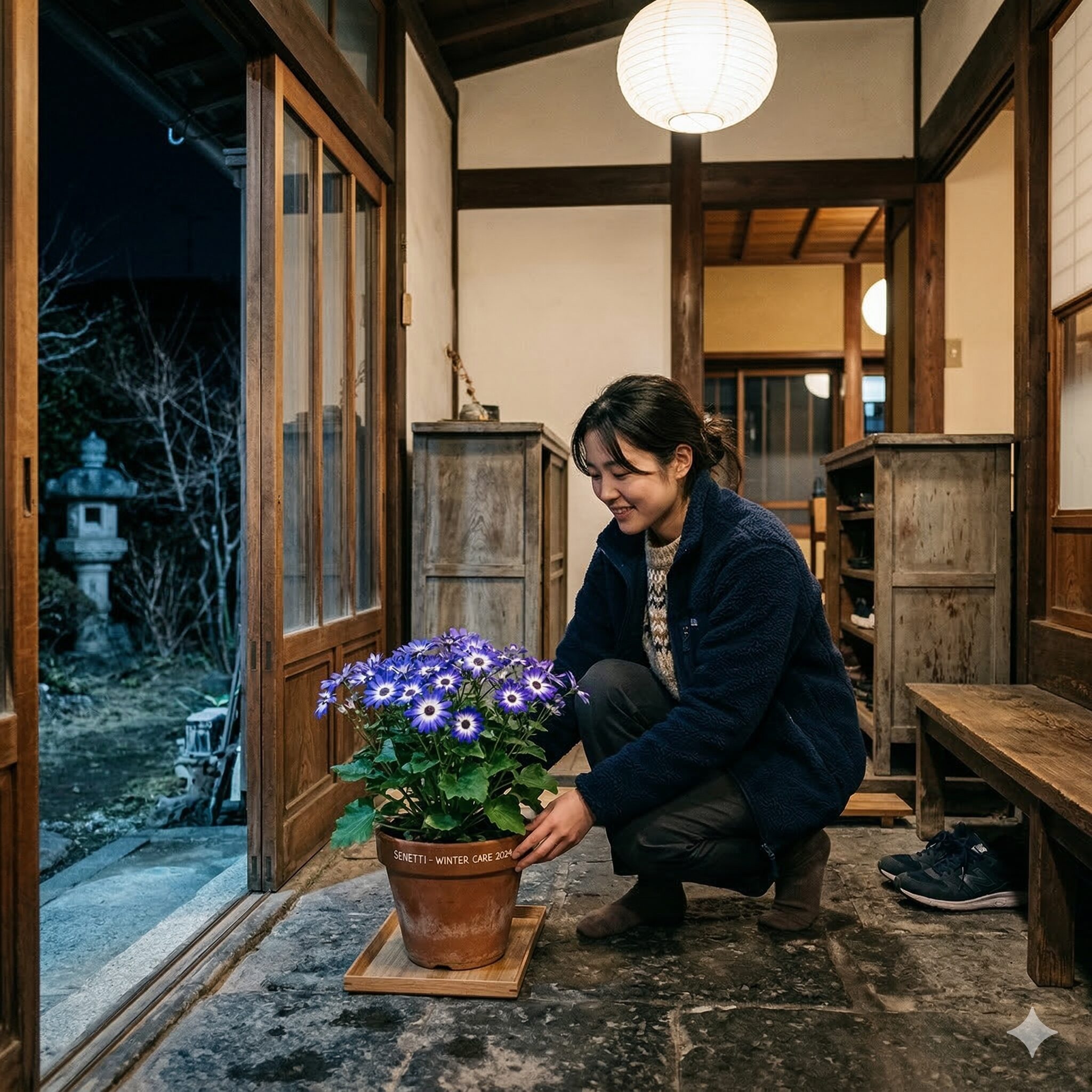 セネッティ 開花 時期4　冬の夜間に寒さを避けるため玄関内に避難させたセネッティの鉢
