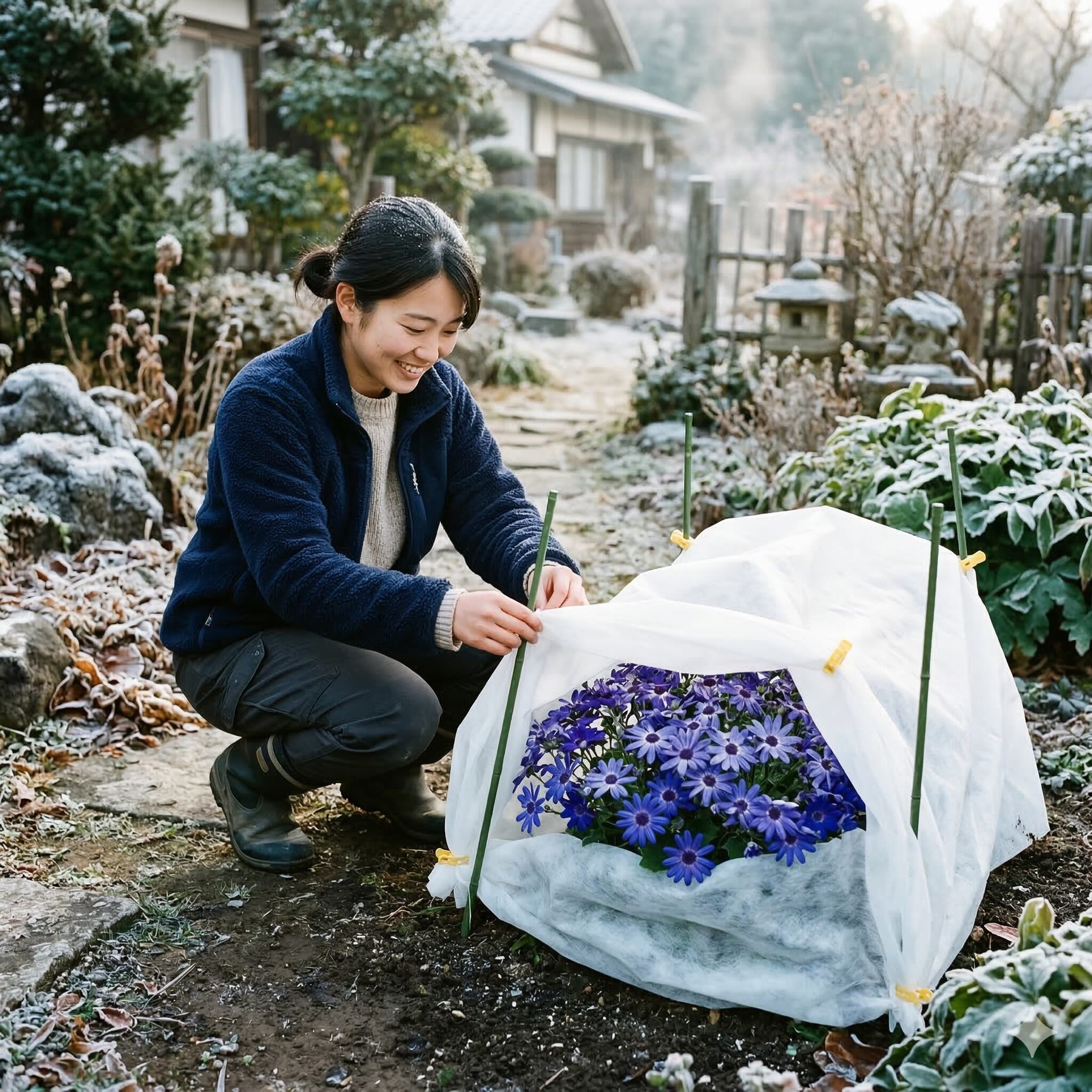 セネッティ 開花 時期5　冬の霜対策として不織布で保護された地植えのセネッティ