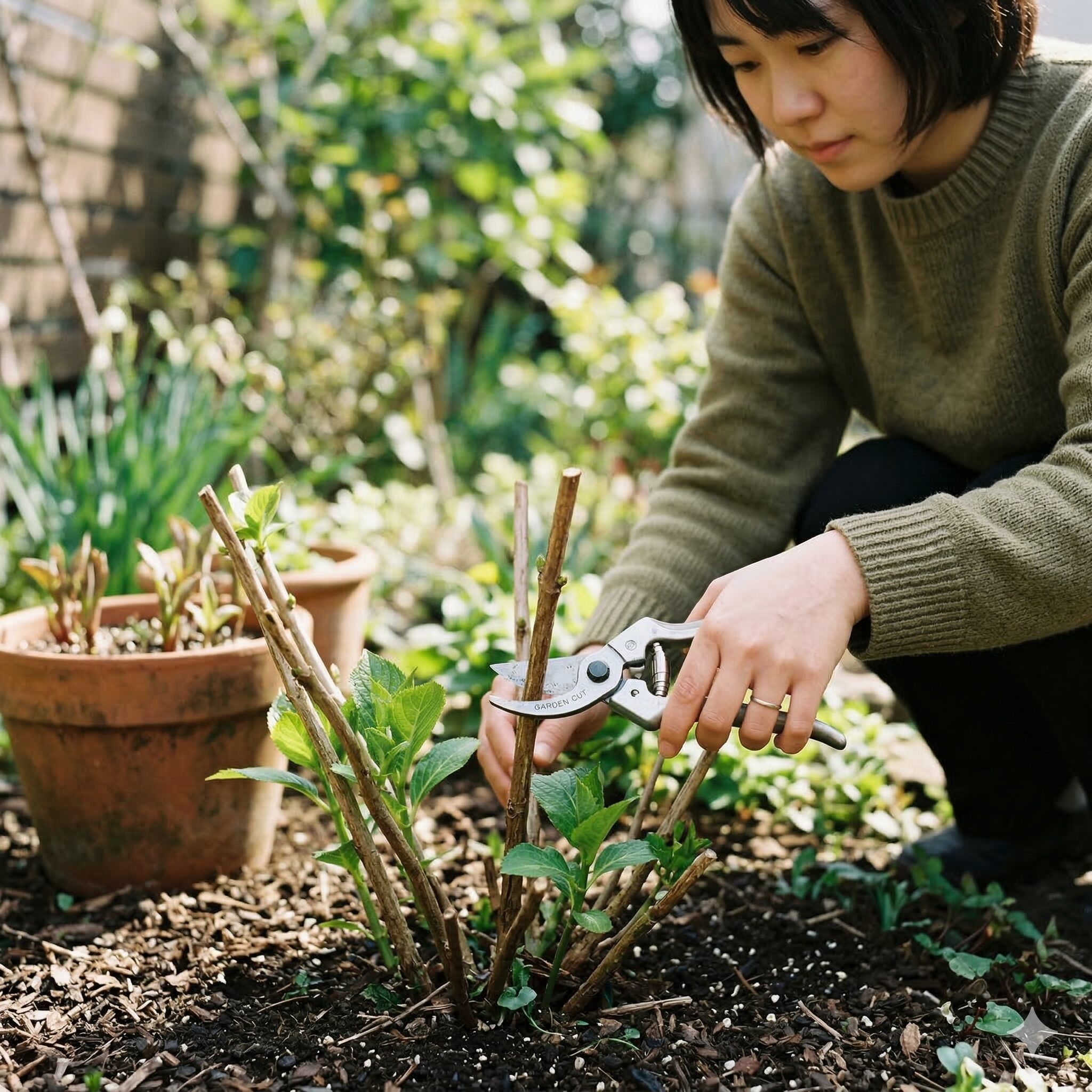 セネッティ 開花 時期7　3月に緑の葉を残して行うセネッティの切り戻し剪定の様子