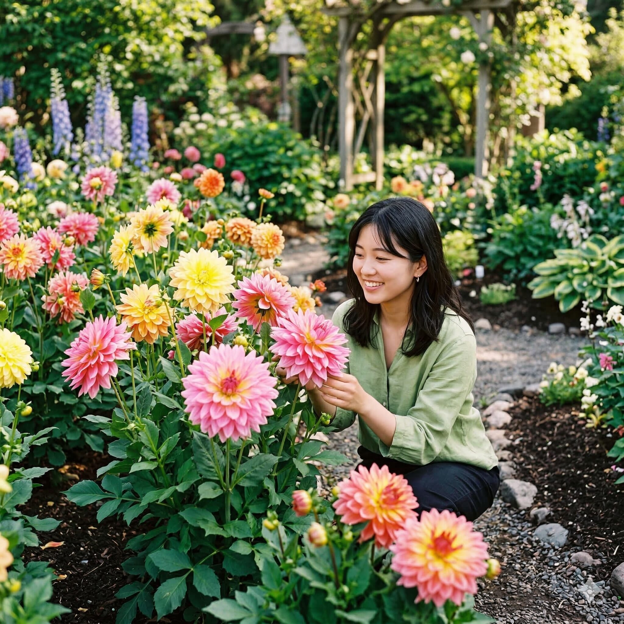 ダリア 植え替え時期1　春の庭園で満開に咲く、ピンクと黄色の美しい大輪のダリアの花