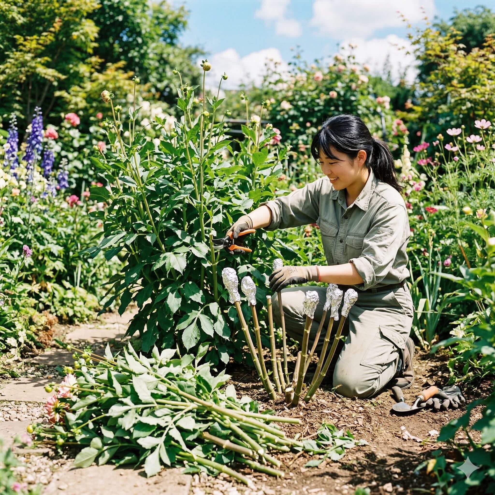 ダリア 植え替え時期10　秋ダリアを美しく咲かせるために真夏に株を大きく切り戻す（剪定）ガーデナー