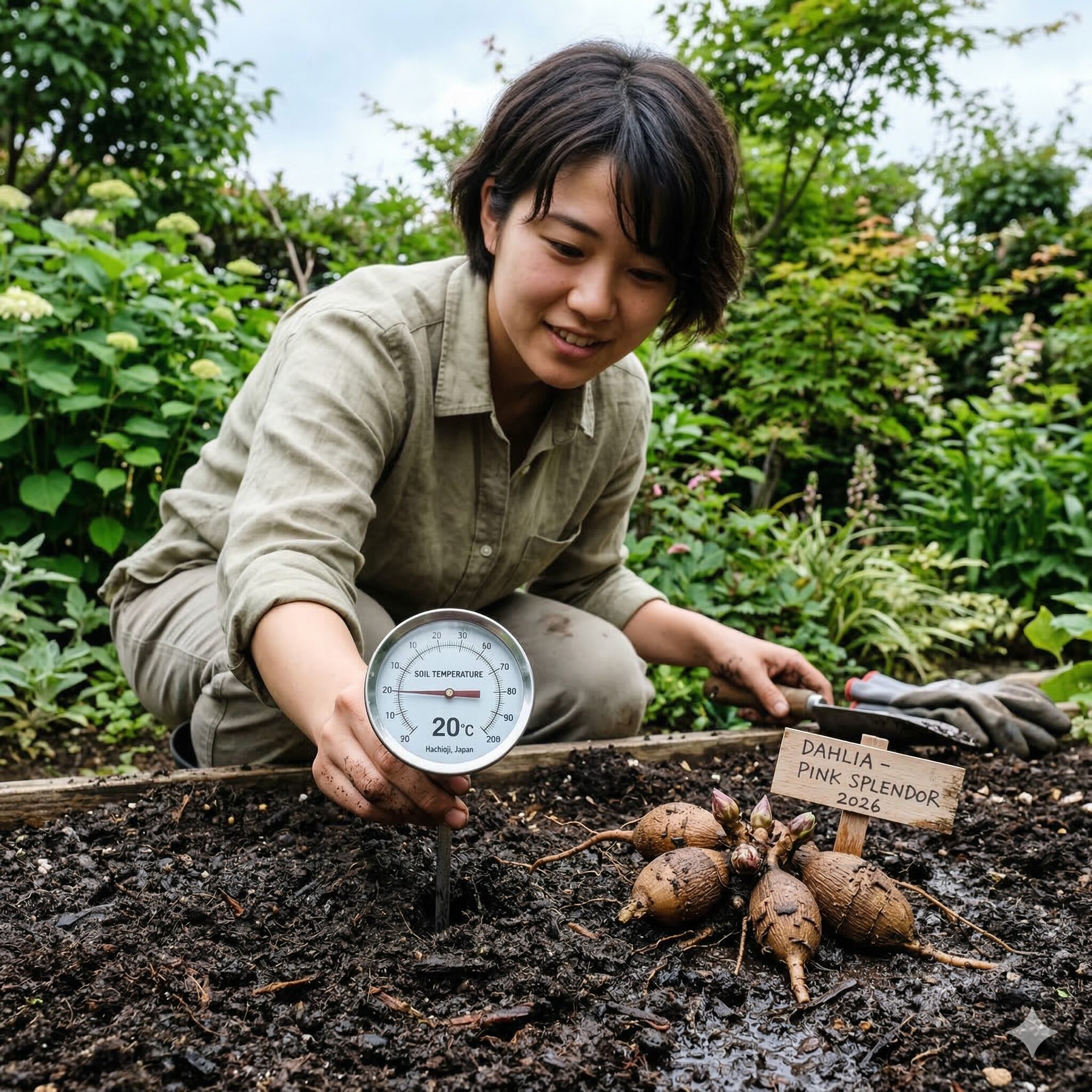 ダリア 植え替え時期2　ダリアの球根植え付けに適した地温20度を示す土壌温度計と健康な塊根