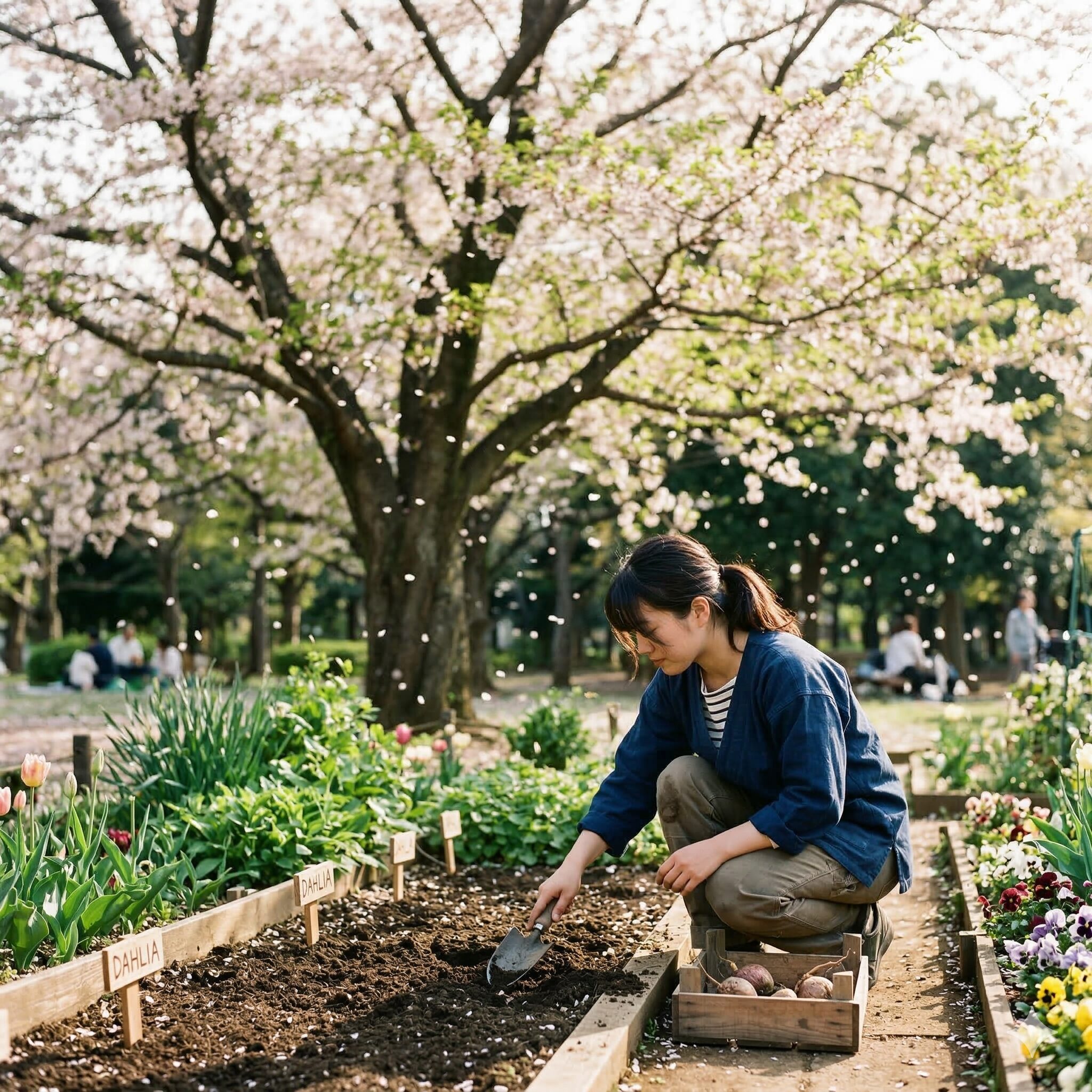 ダリア 植え替え時期3　桜（ソメイヨシノ）の花びらが舞う春の庭でダリアの球根を植え付けるガーデナー