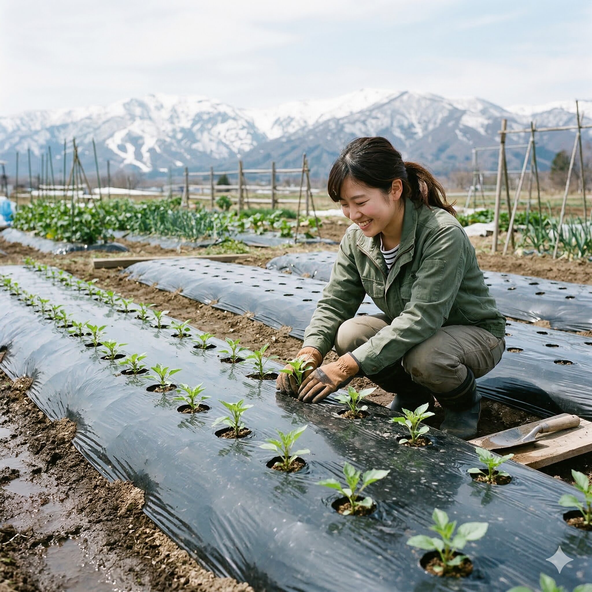 ダリア 植え替え時期4　寒冷地の畑で地温上昇と霜対策のために黒マルチを使用して植え付けられたダリアの新芽