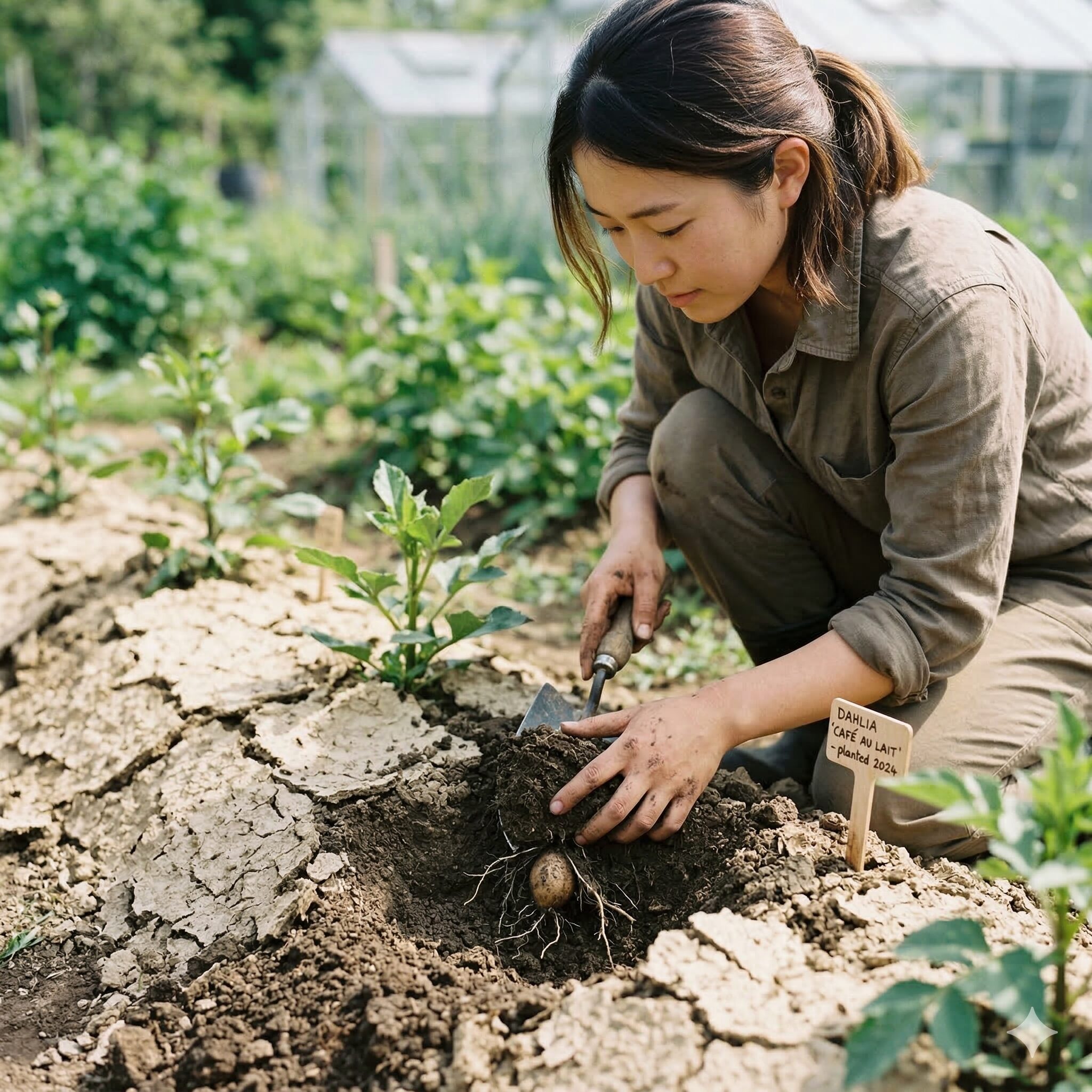 ダリア 植え替え時期5　ダリア塊根の腐敗を防ぐため、表面を乾かし気味に管理した植え付け直後の土壌