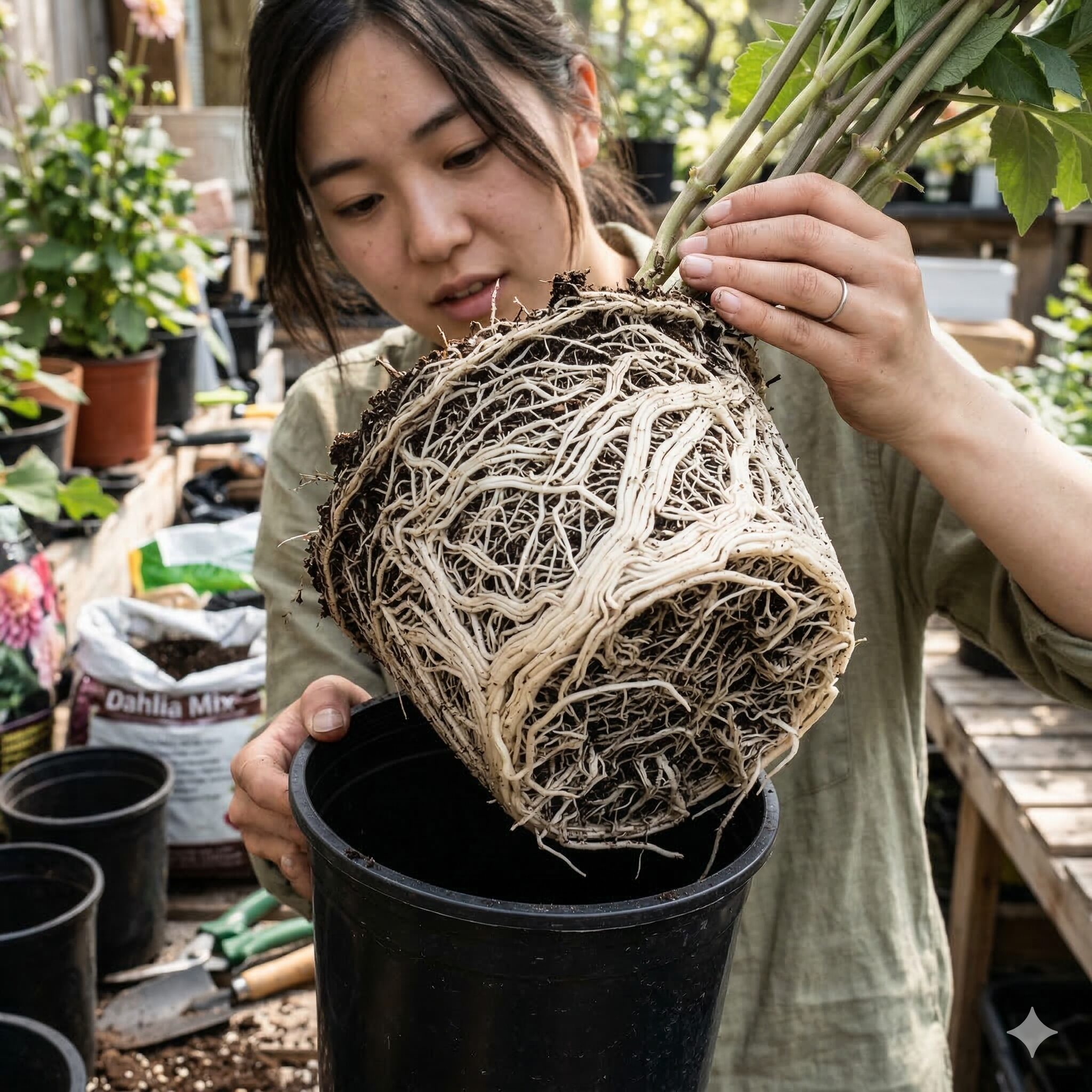 ダリア 植え替え時期6　鉢の形に沿って白い根がびっしりと渦を巻いた根詰まり状態のダリアの鉢植え