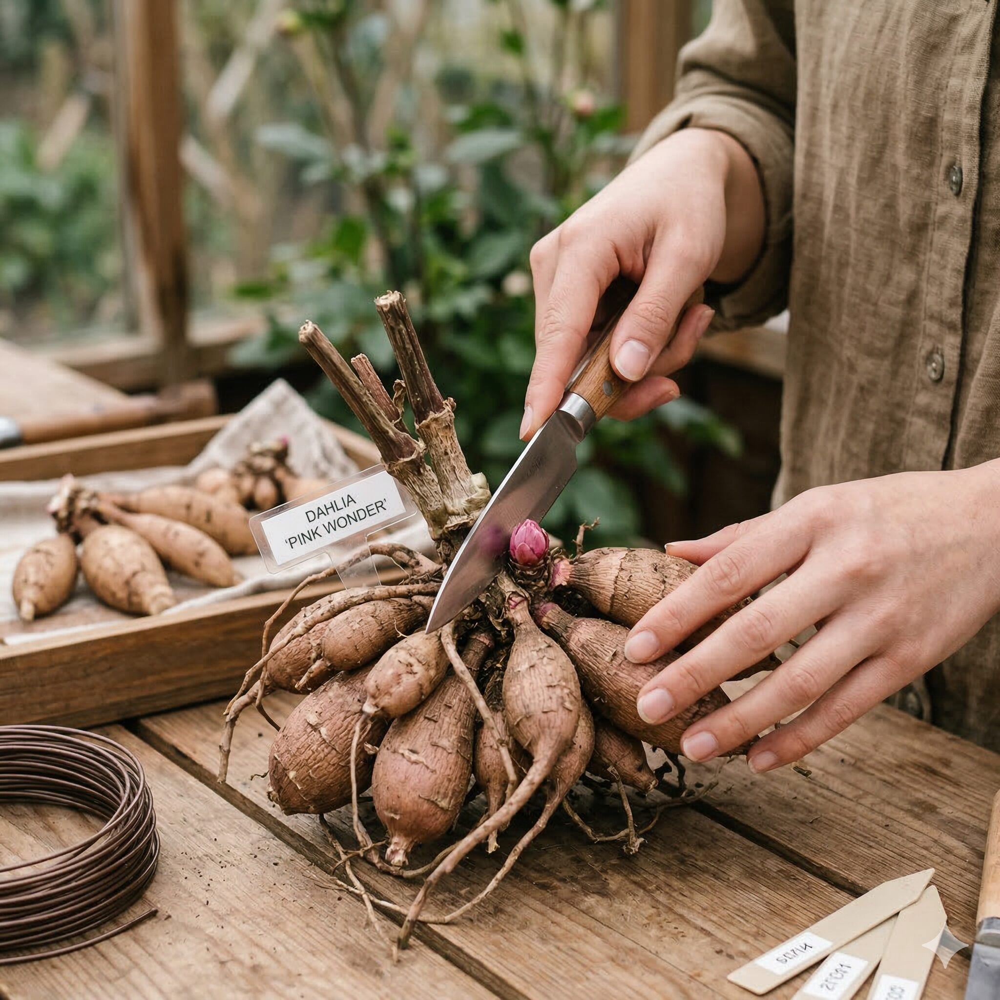 ダリア 植え替え時期7　ダリアの球根（塊根）をクラウン（発芽点）を残して慎重に分球するガーデナーの手元