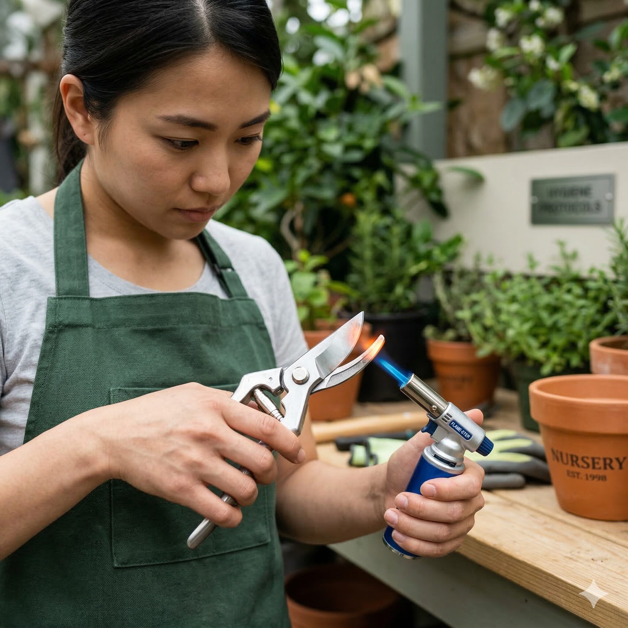 ダリア 植え替え時期8　ダリアの分球作業前にウイルス病予防のために園芸用ハサミを火炎消毒する様子