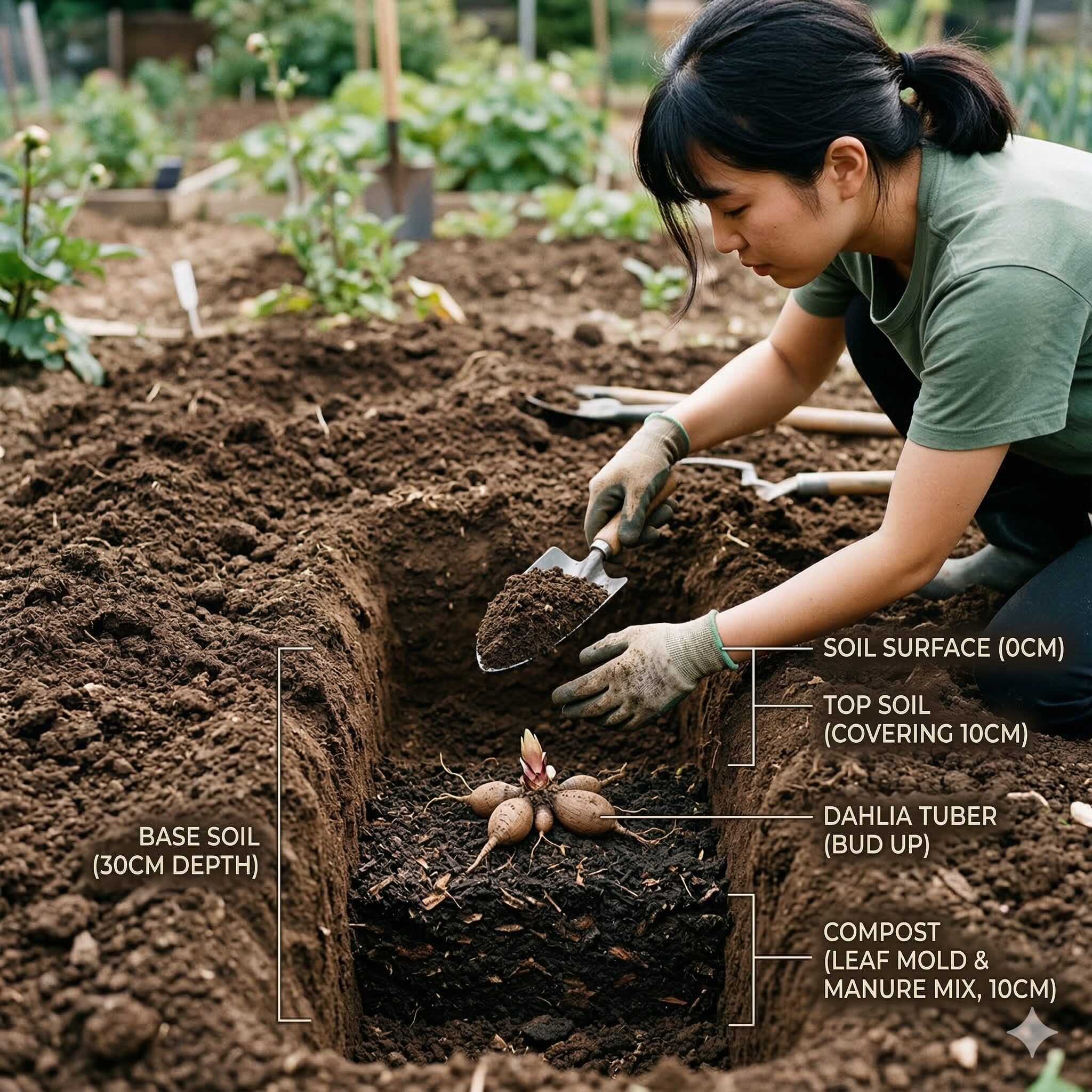 ダリア 植え替え時期9　ダリアの球根を適切な深さ（約10cm）で横向きに植え付ける土壌の断面様子