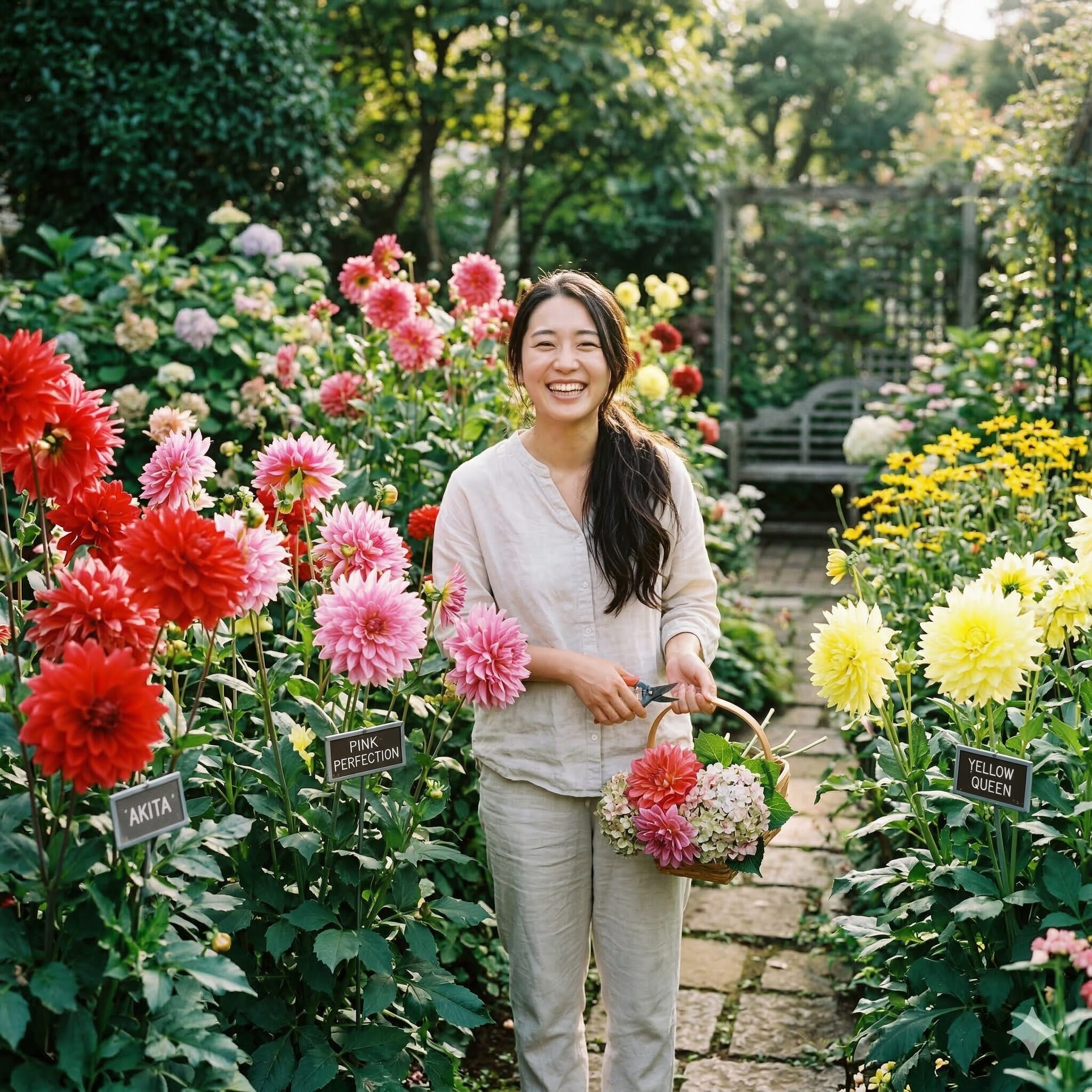 ダリア 毒性1　庭園に咲く色鮮やかな大輪のダリアの花々と豊かな緑の風景