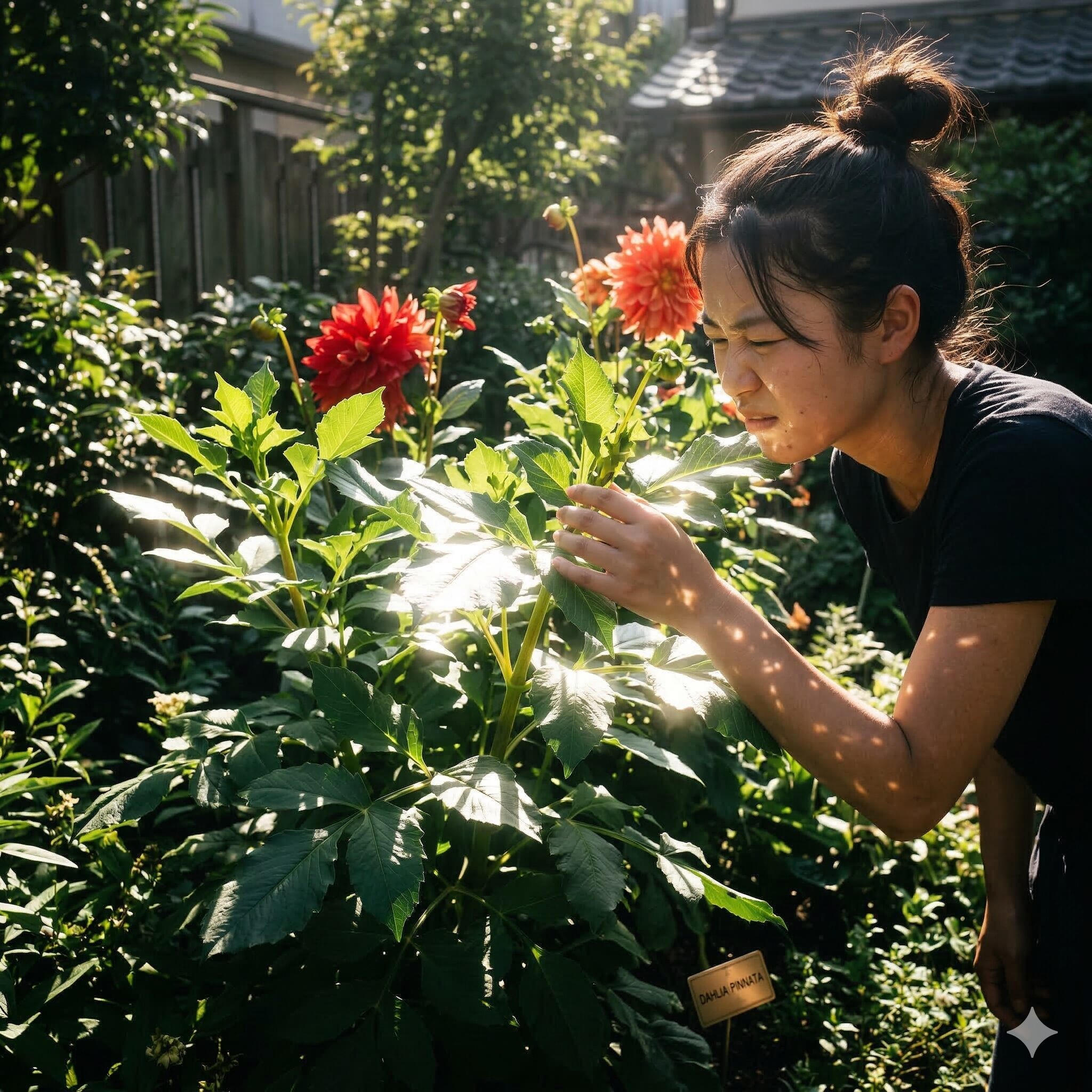ダリア 毒性3 夏の強い日光を浴びるダリアの葉と反射する紫外線のイメージ