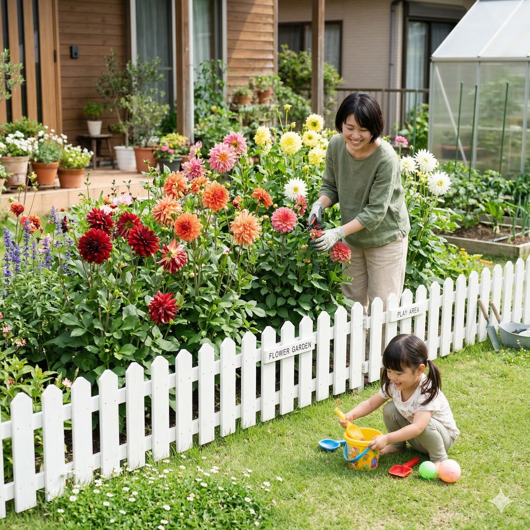 ダリア 毒性5 子供の安全を考慮しウッドフェンスでゾーニングされたダリアの庭