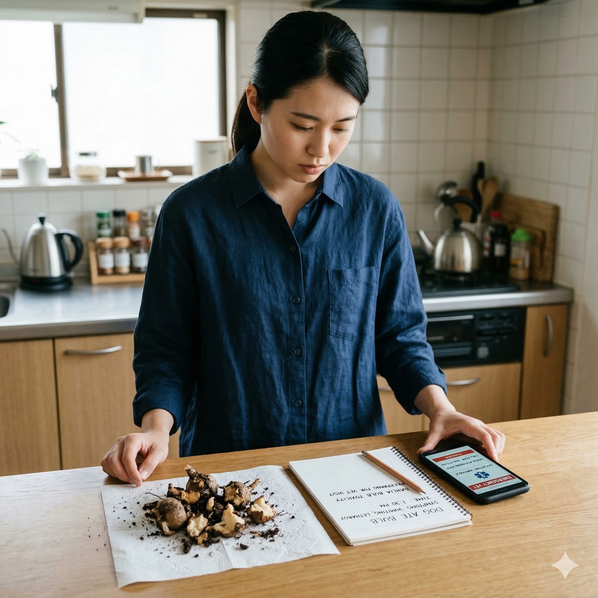 ダリア 毒性6 誤食事故の緊急時に備えたダリアの球根と状況メモのイメージ