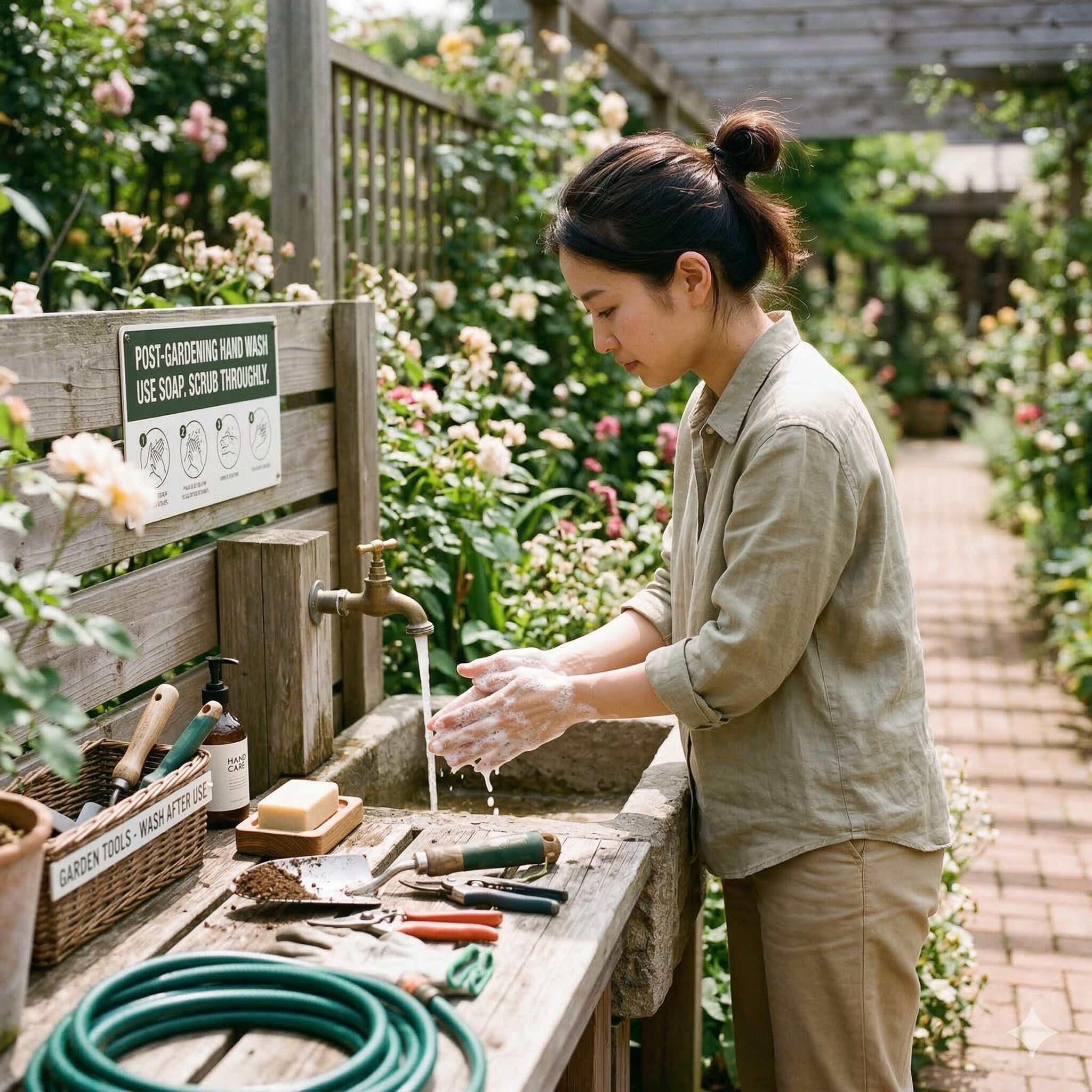 ダリア 毒性7 ダリアの汁液を落とすために石鹸で丁寧に手を洗う様子