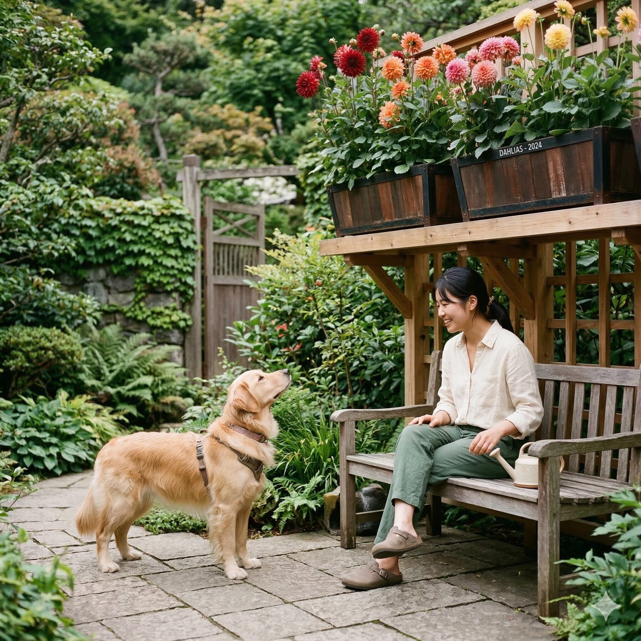 ダリア 毒性8 犬が届かない高いプランターに植えられたダリアと見守る愛犬