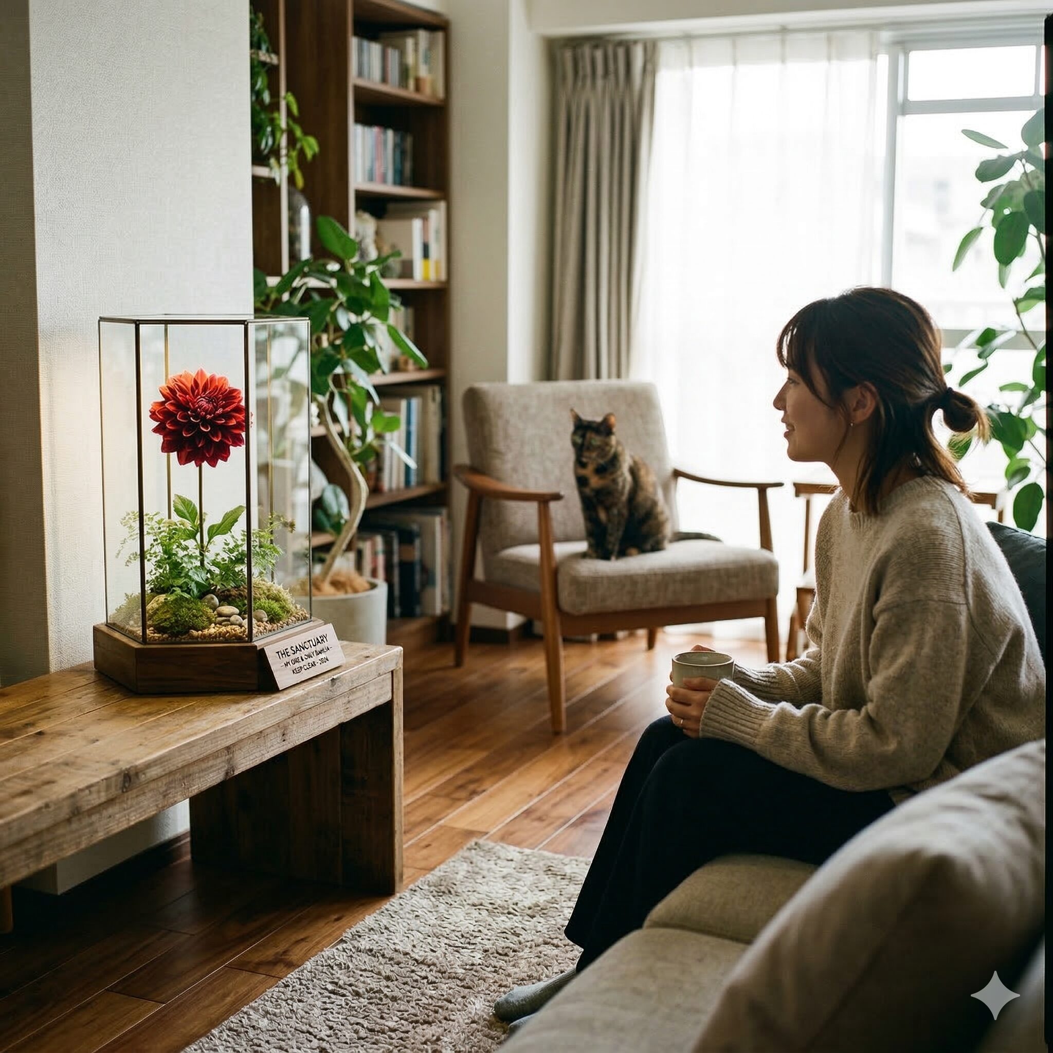 ダリア 毒性9 猫の誤食を防ぐためにガラスケース内に飾られたダリアの切り花