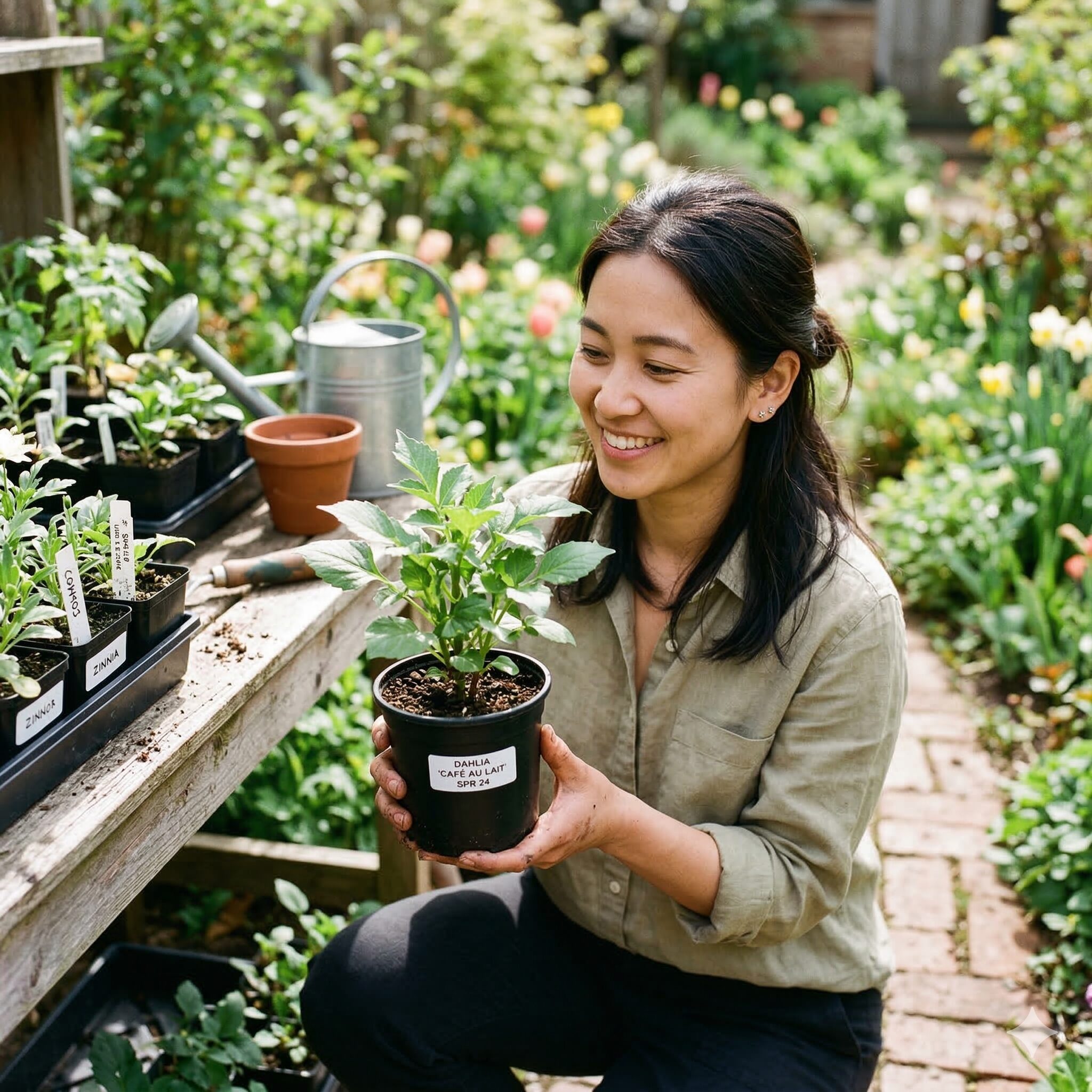 ダリア 球根 保存新聞紙10　ポリポットで芽出しを行い定植準備が整ったダリアの苗