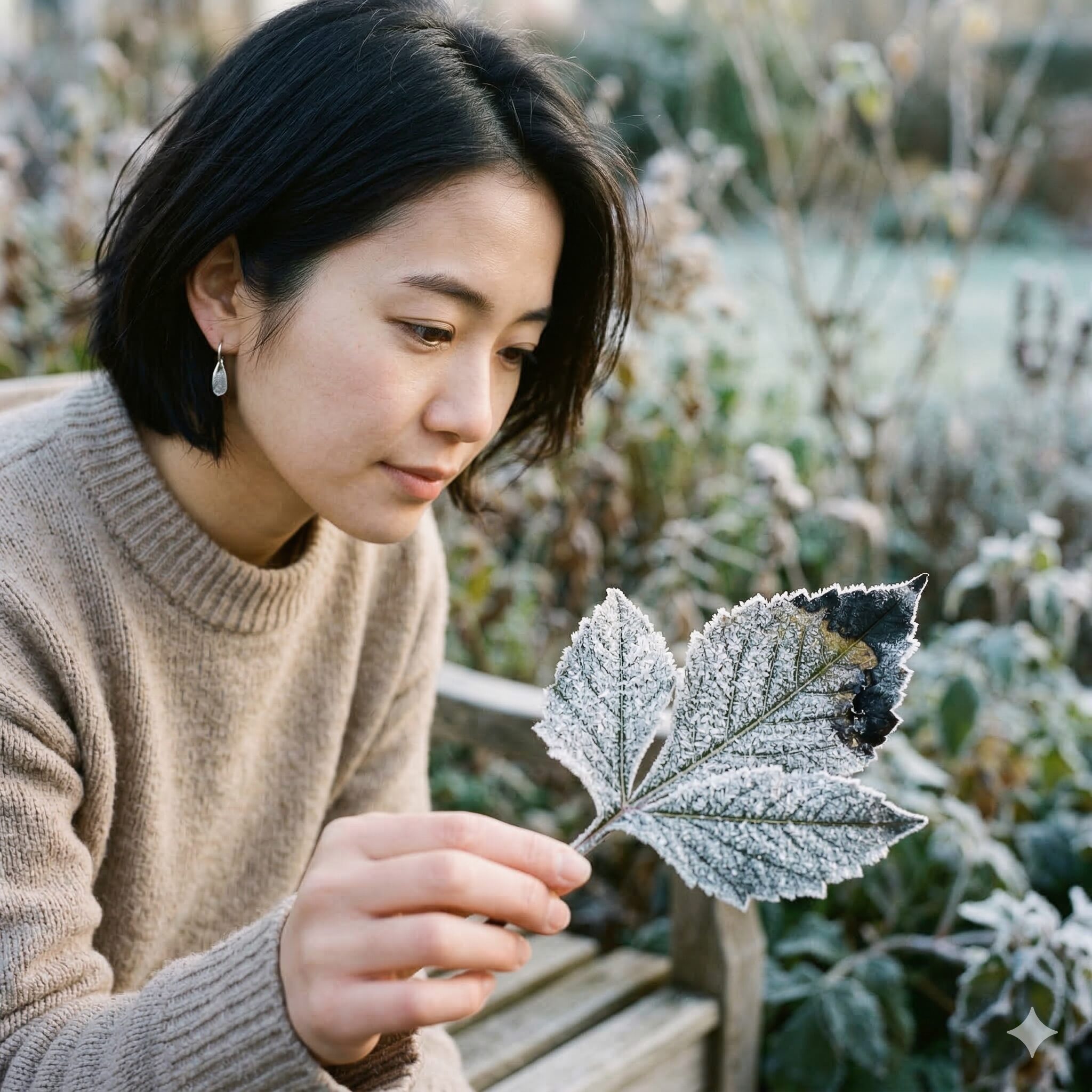 ダリア 球根 保存新聞紙2　初霜が降りて掘り上げ時期のサインが出たダリアの葉