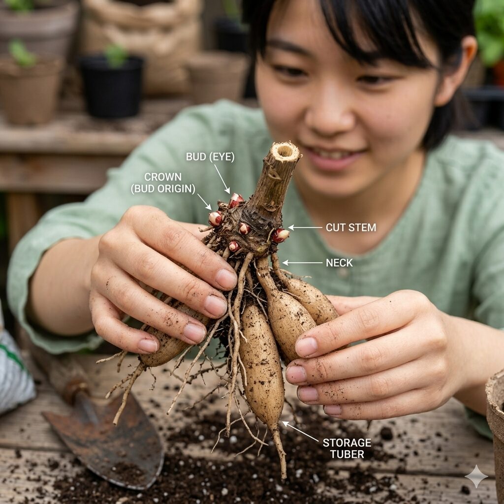 ダリア 球根 保存新聞紙4　病害虫を防ぐためにダリアの球根を優しく水洗いする様子