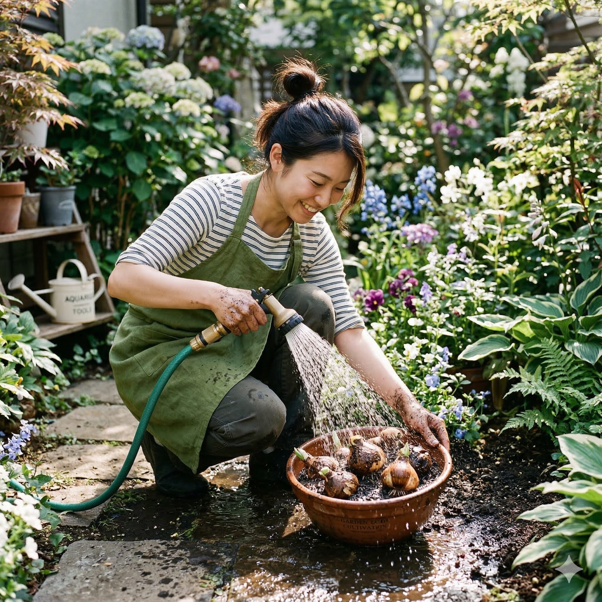 ダリア 球根 保存新聞紙5　病害虫を防ぐためにダリアの球根を優しく水洗いする様子