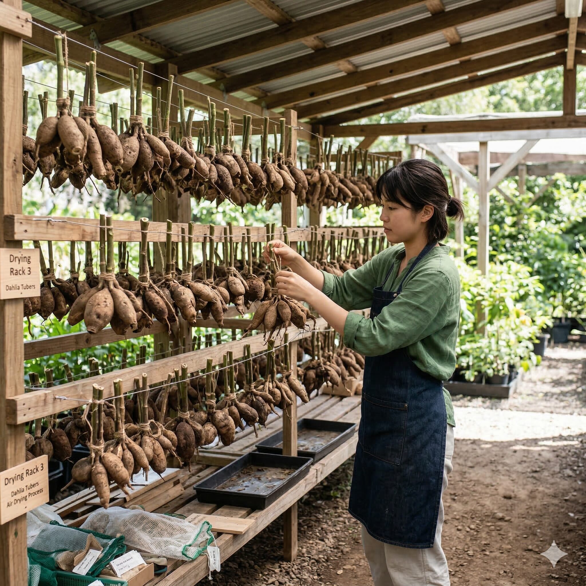 ダリア 球根 保存新聞紙6　腐敗を防ぐために逆さまにして陰干し（キュアリング）されるダリアの球根