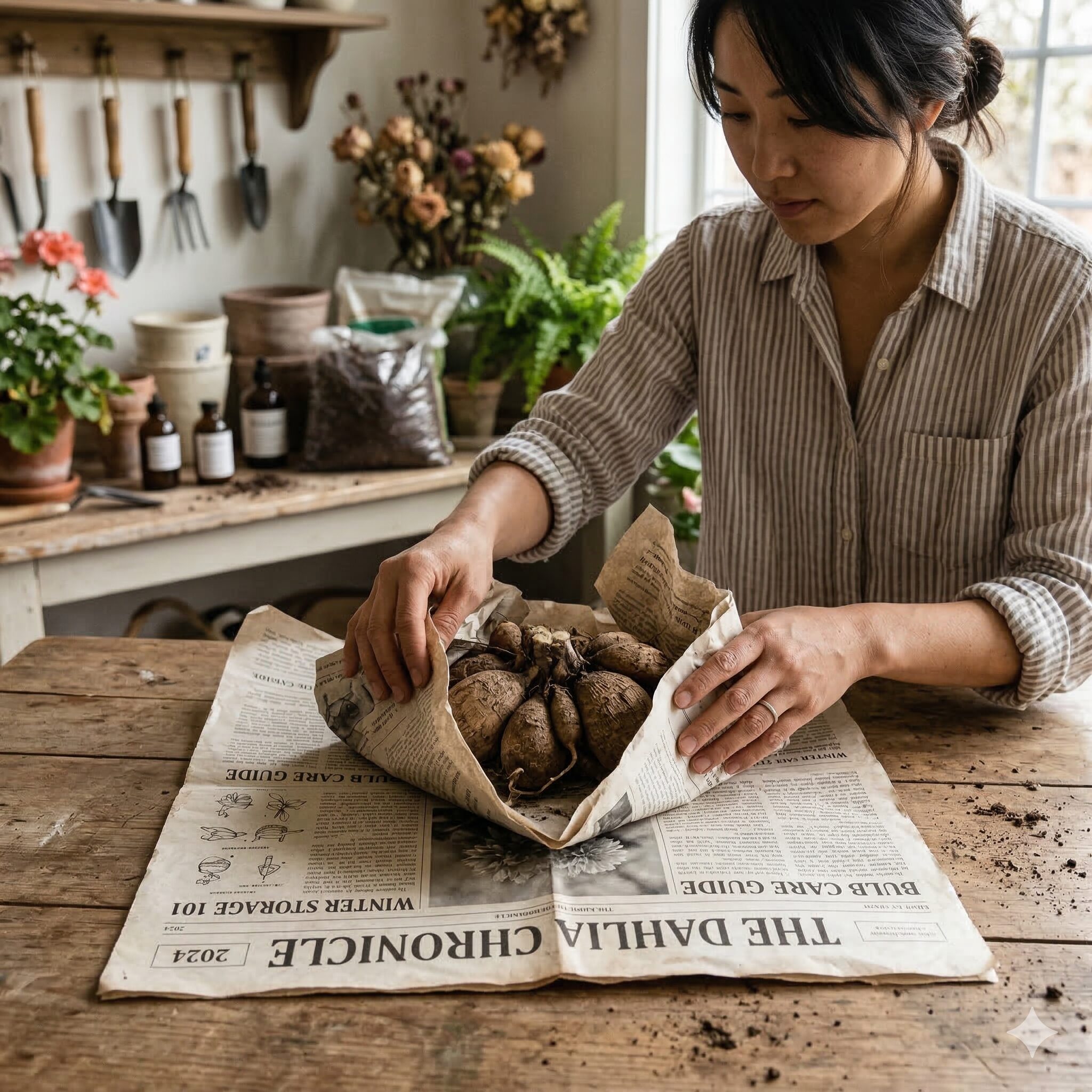 ダリア 球根 保存新聞紙7　ダリアの球根を新聞紙で包んで保存する正しい手順