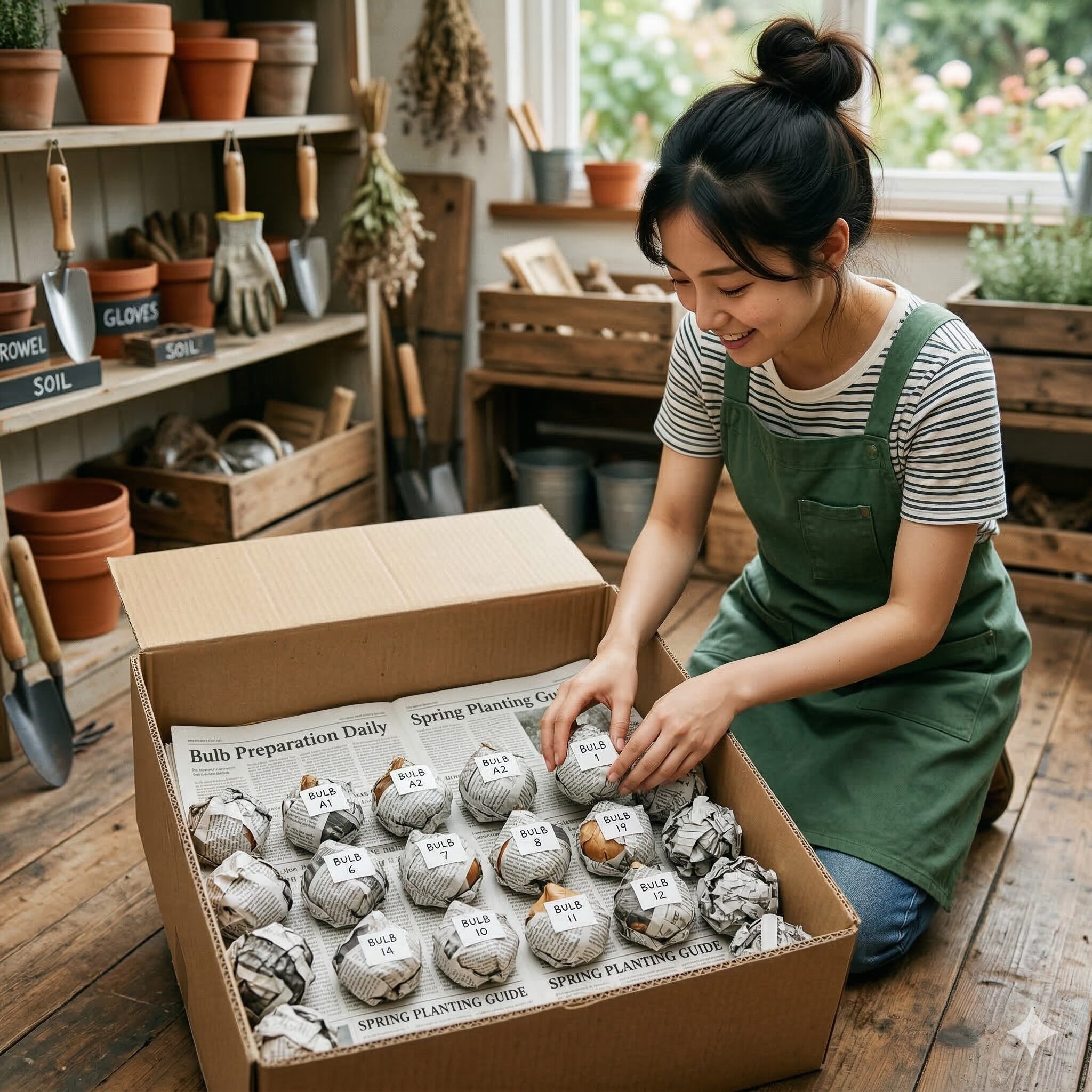 ダリア 球根 保存新聞紙8　段ボールと新聞紙を使って適切に収納されたダリアの球根