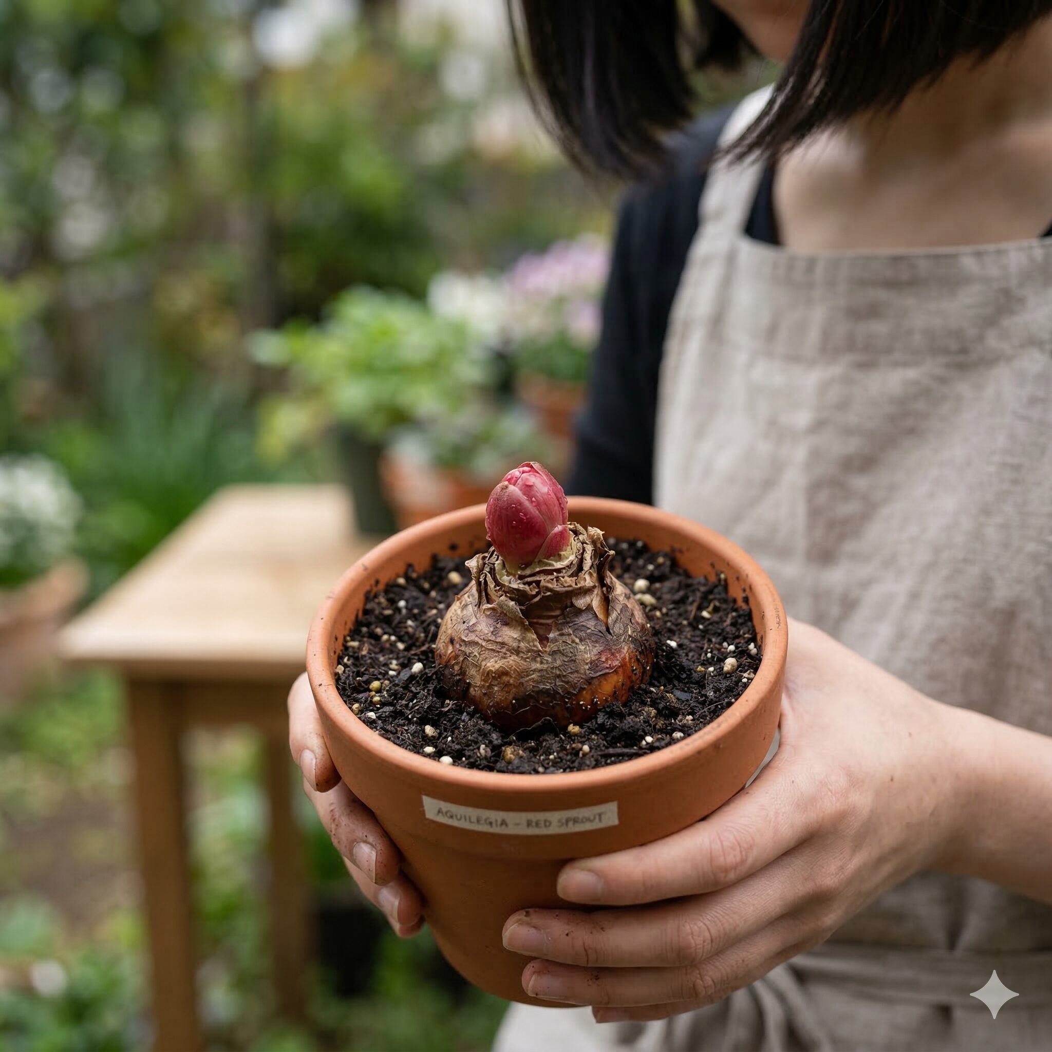 ダリア 球根 保存新聞紙9　春になってダリアの球根から出始めた赤い新芽（発芽点）