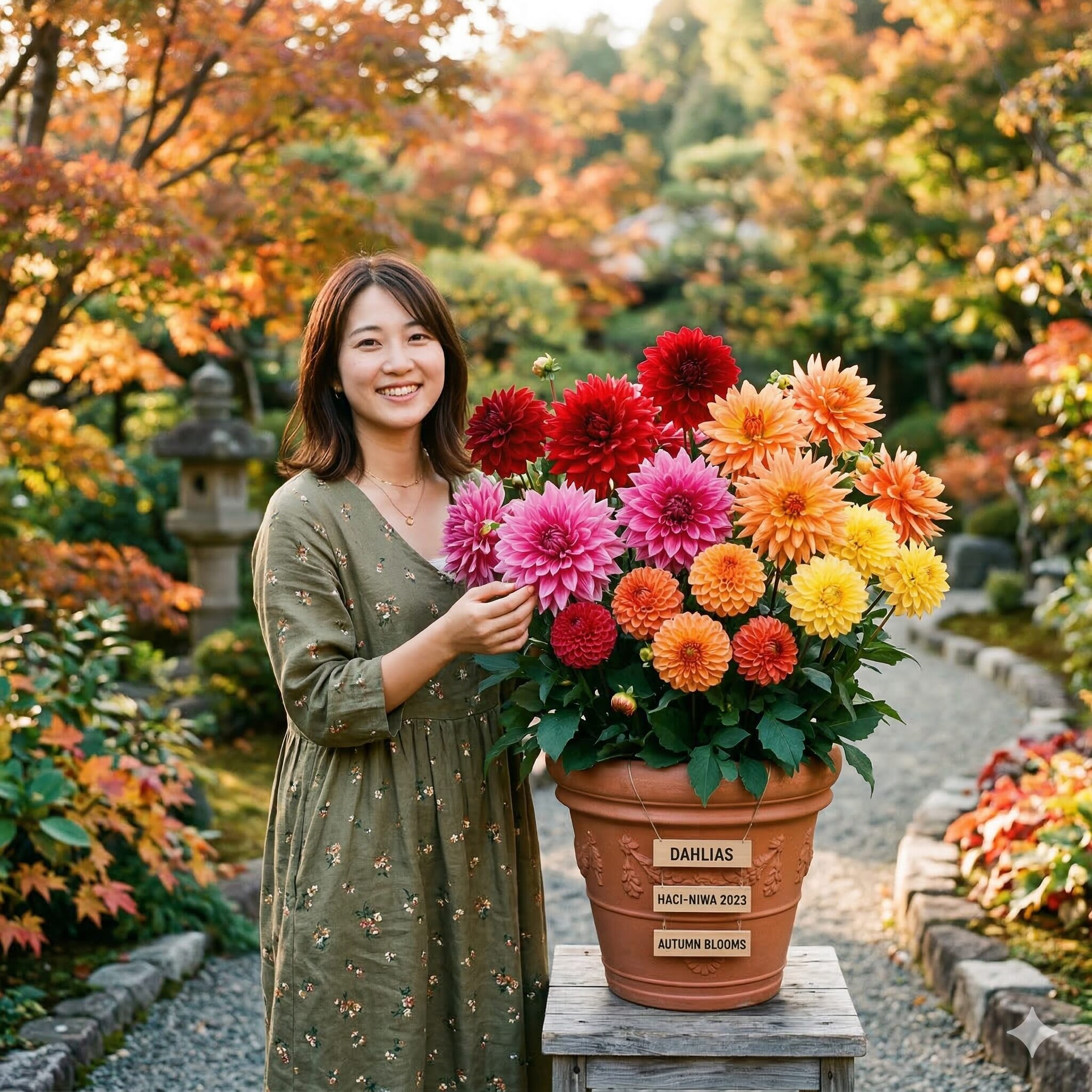 ダリア 鉢植え 冬越し1　鉢植えで美しく咲き誇る色鮮やかな大輪のダリアの花と秋の庭園風景