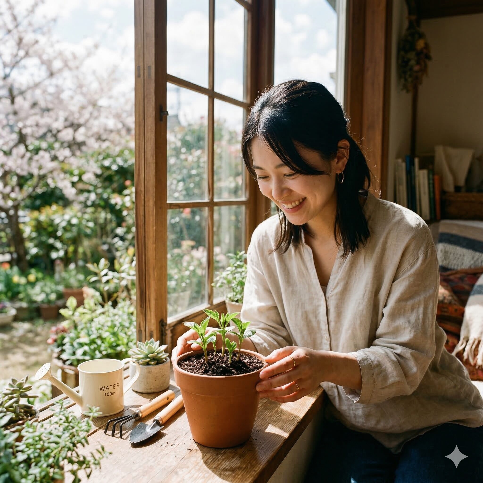 ダリア 鉢植え 冬越し10 冬越しを無事に終えて春の光の中で元気に芽出しを始めたダリアの鉢植え
