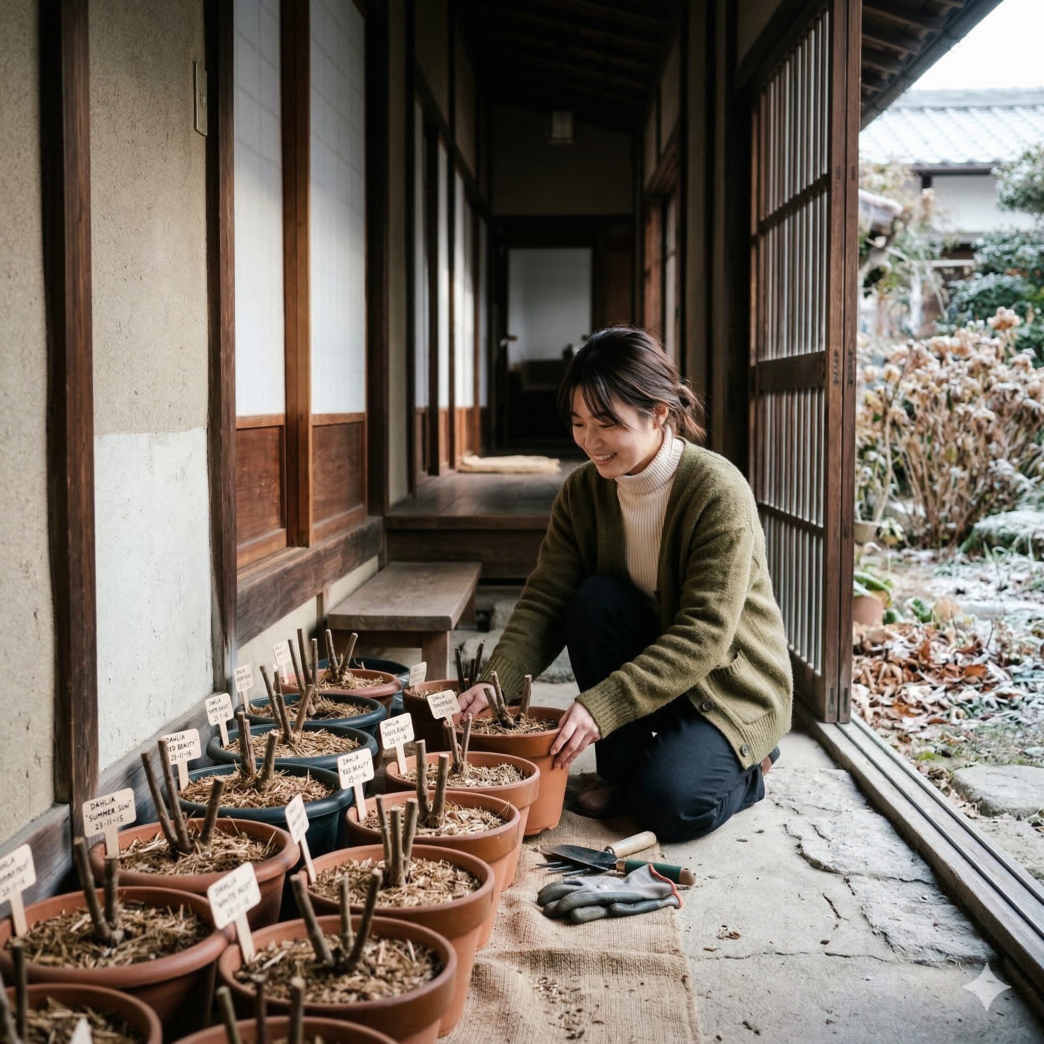 ダリア 鉢植え 冬越し3 関東地方の寒冷対策として冬の間に室内(玄関)へ取り込まれたダリアの鉢植え