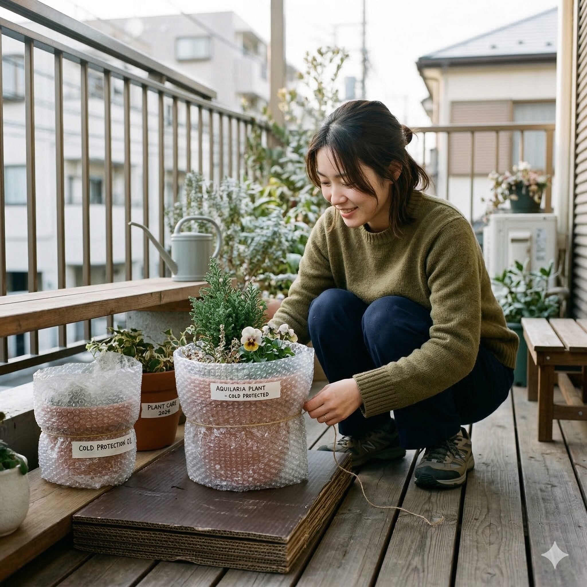 ダリア 鉢植え 冬越し4 マンションのベランダで気泡緩衝材を使用して防寒対策を施したダリアの鉢