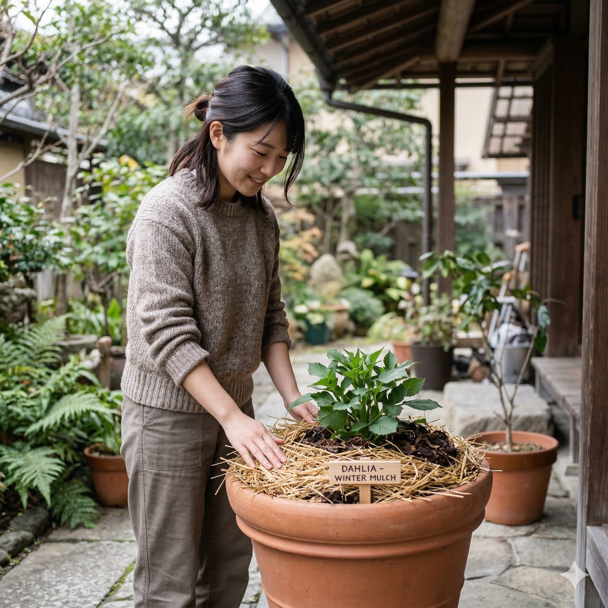 ダリア 鉢植え 冬越し5 温暖地での冬越しのために藁で厚くマルチングされたダリアの鉢植え